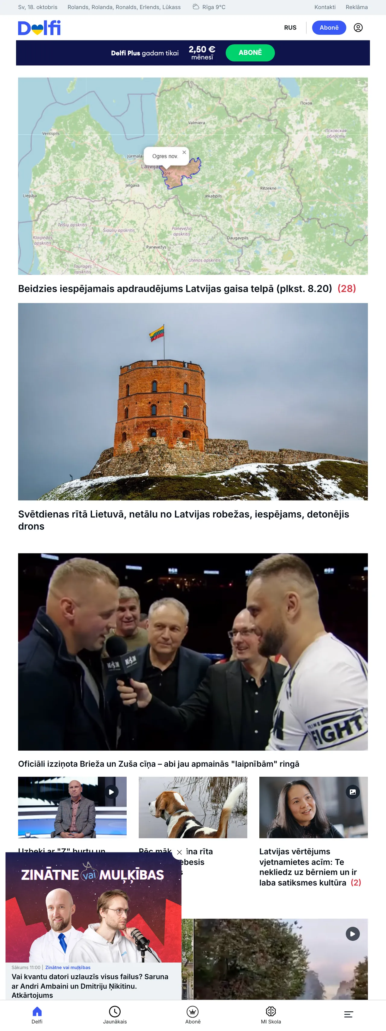 Screenshot of the Delfi front page