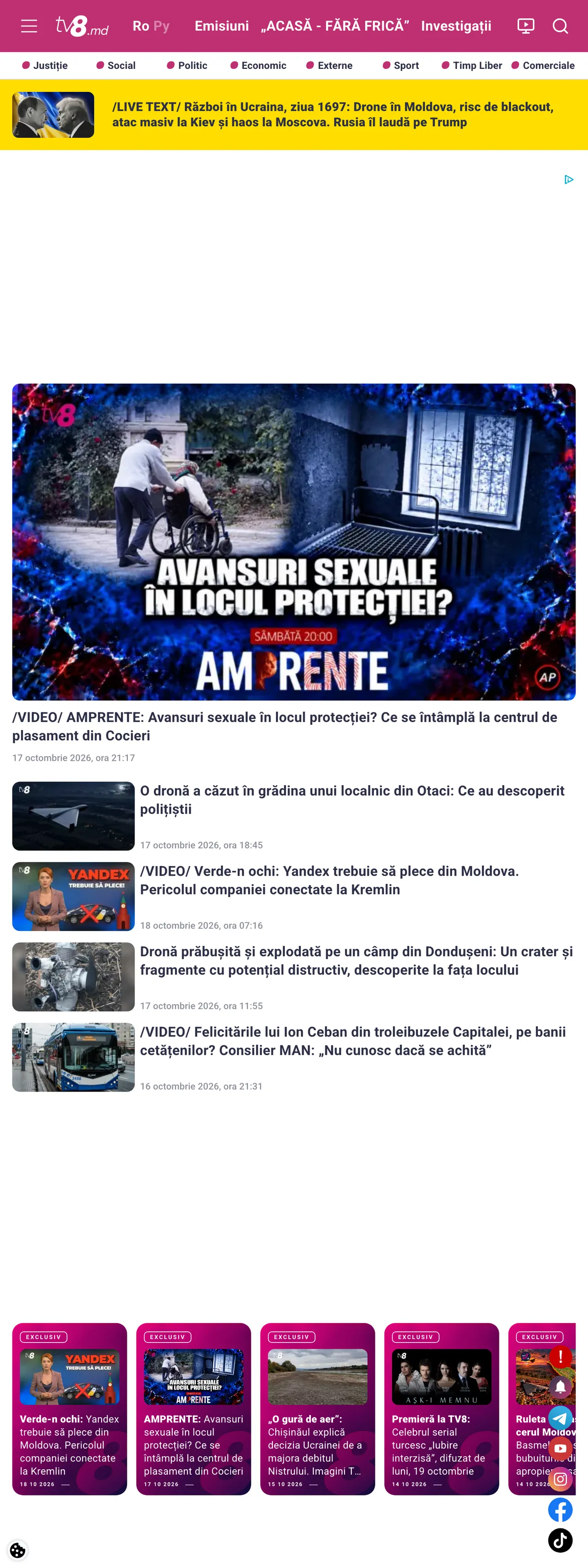 Screenshot of the TV8 front page