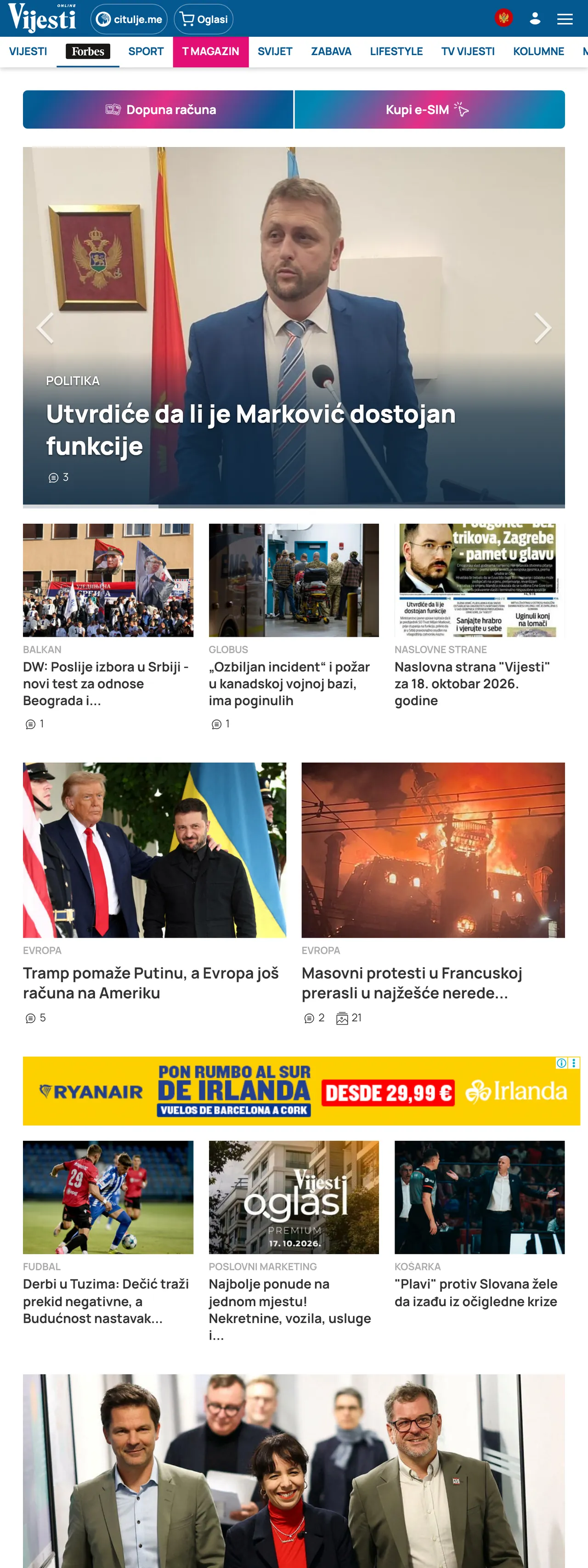 Screenshot of the Vijesti front page