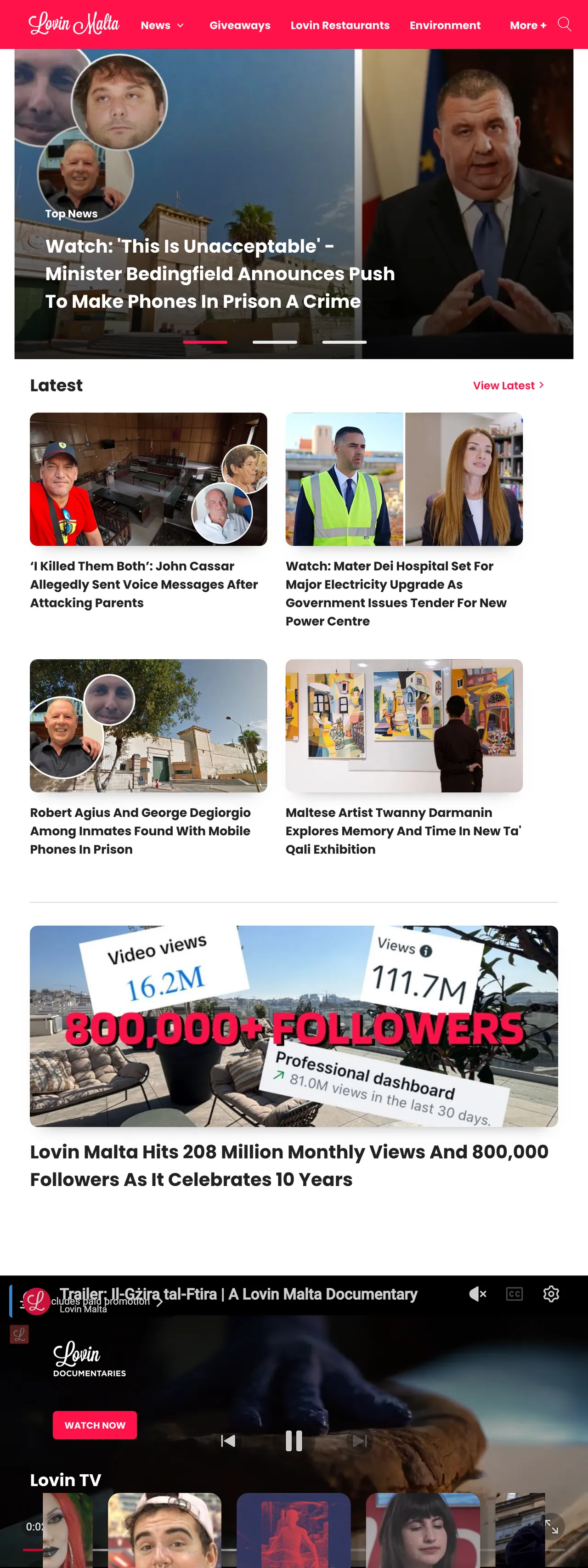 Screenshot of the Lovin Malta front page