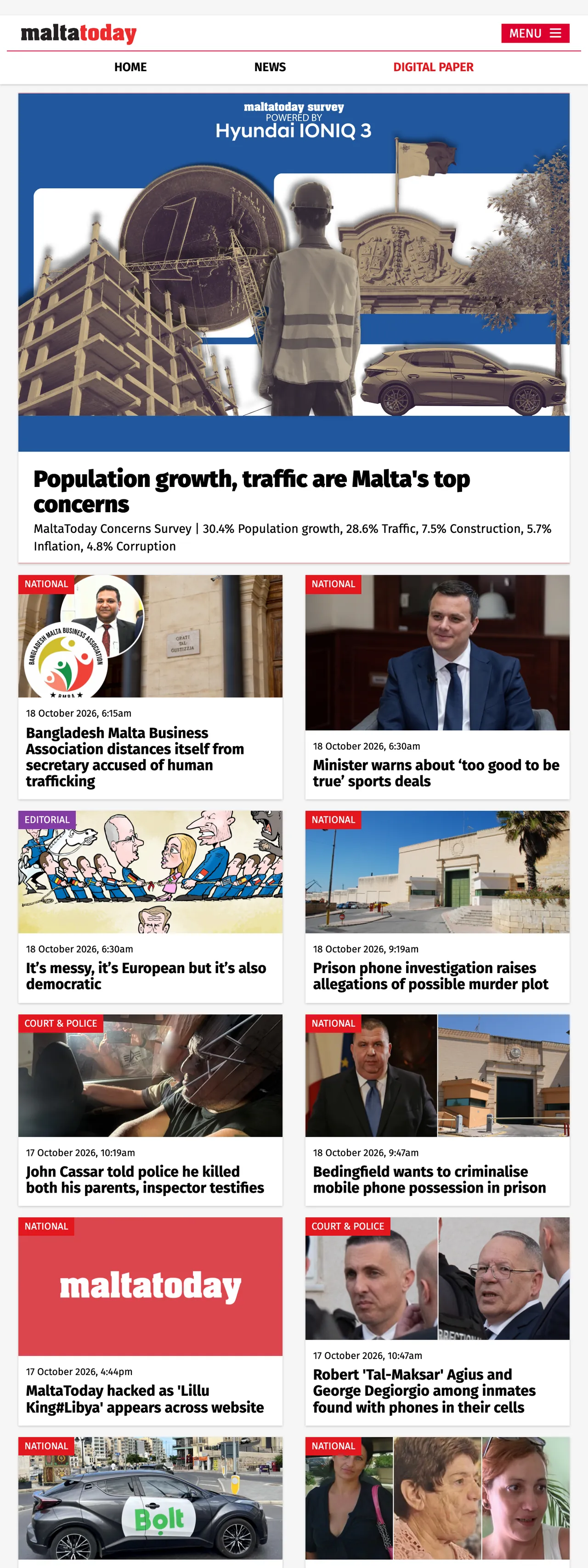 Screenshot of the Malta Today front page