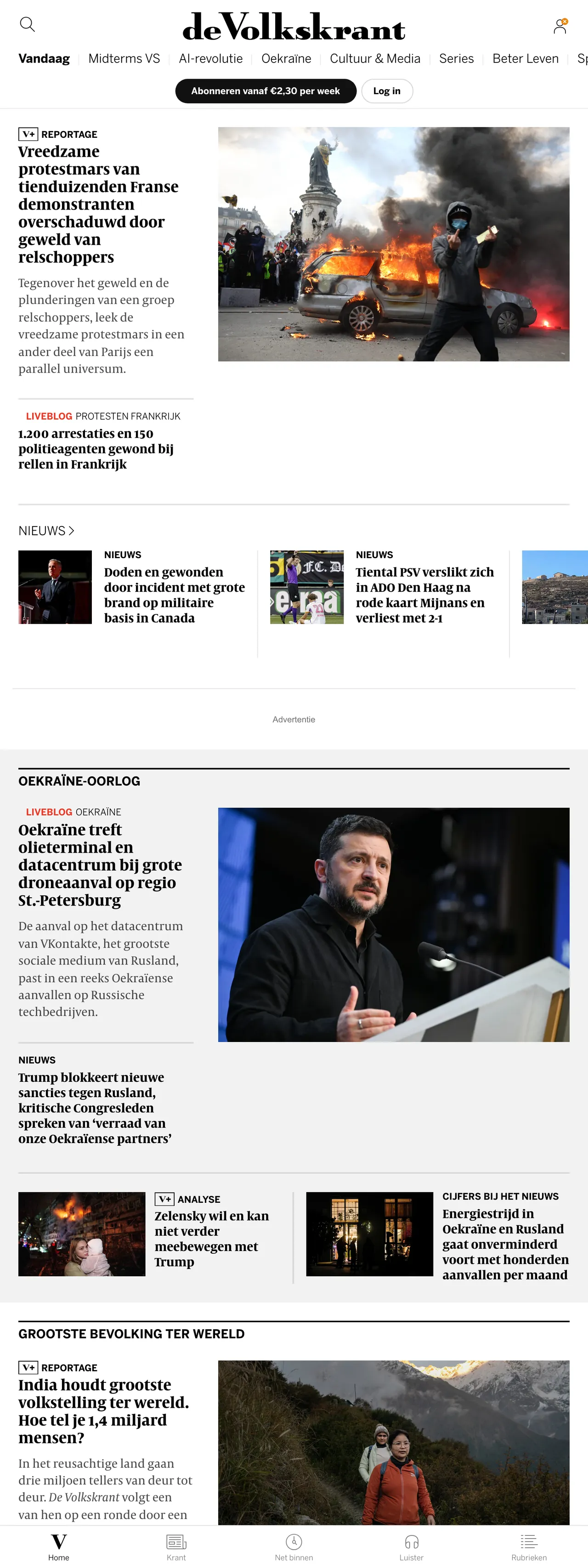 Screenshot of the de Volkskrant front page