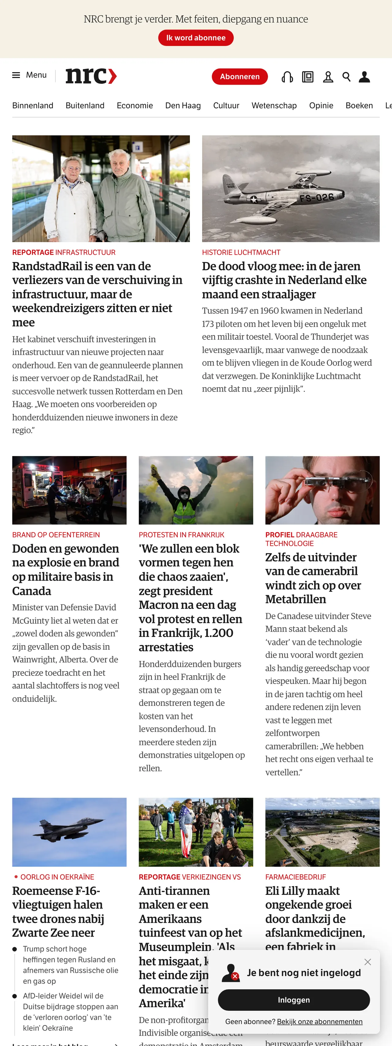 Screenshot of the NRC front page