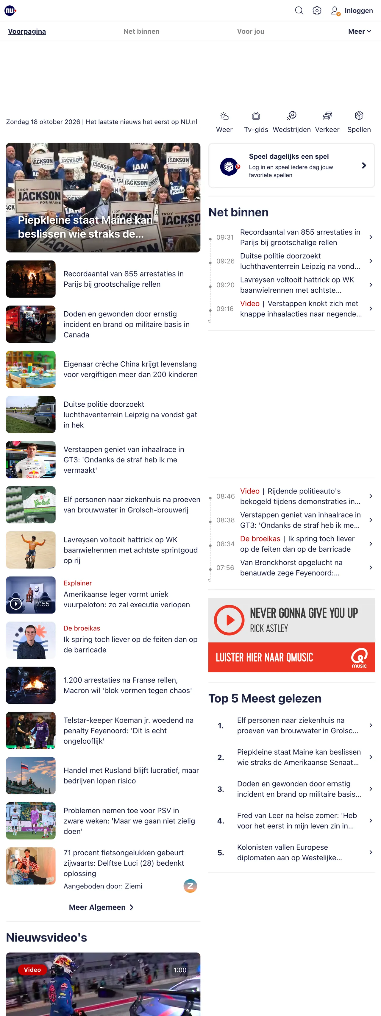 Screenshot of the NU.nl front page