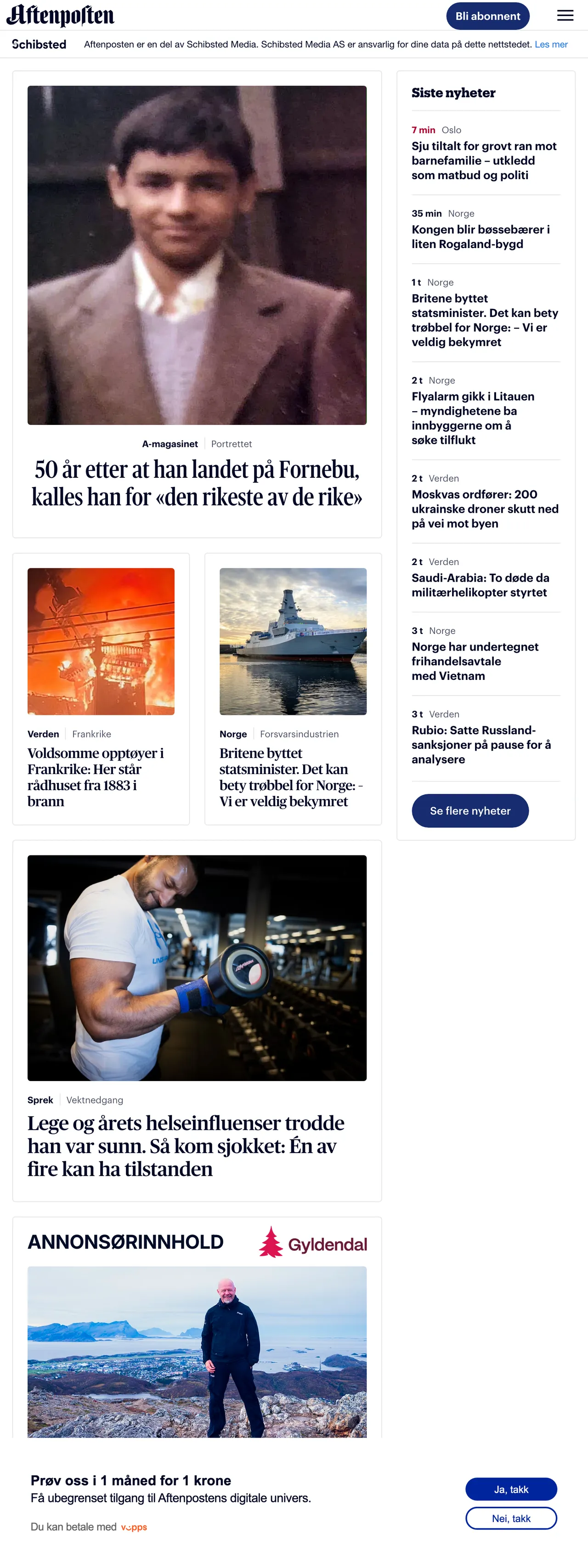 Screenshot of the Aftenposten front page
