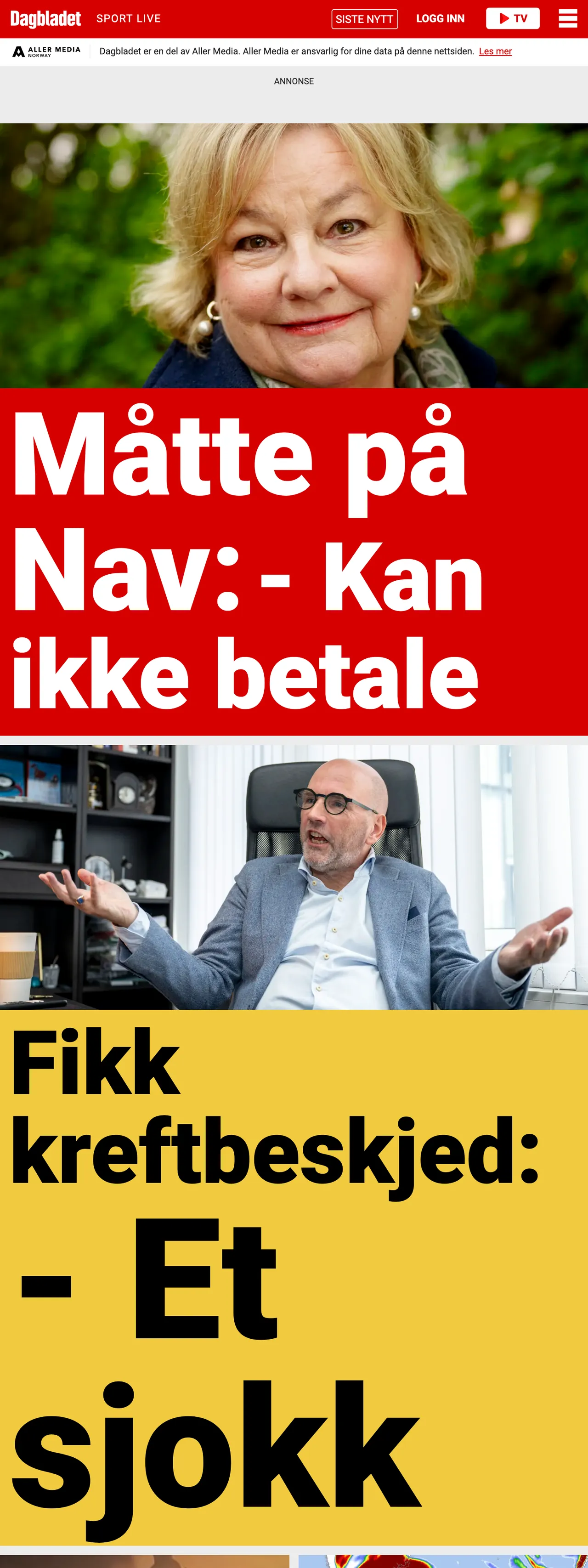 Screenshot of the Dagbladet front page