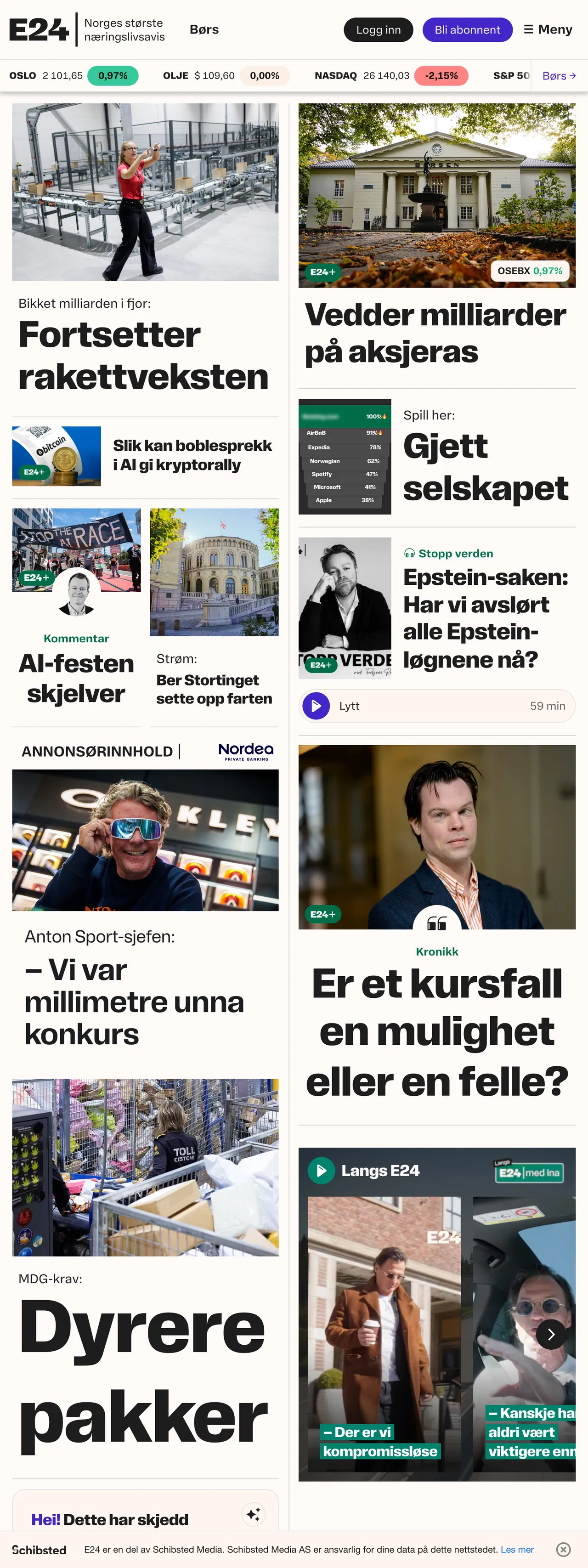 Screenshot of the E24 front page