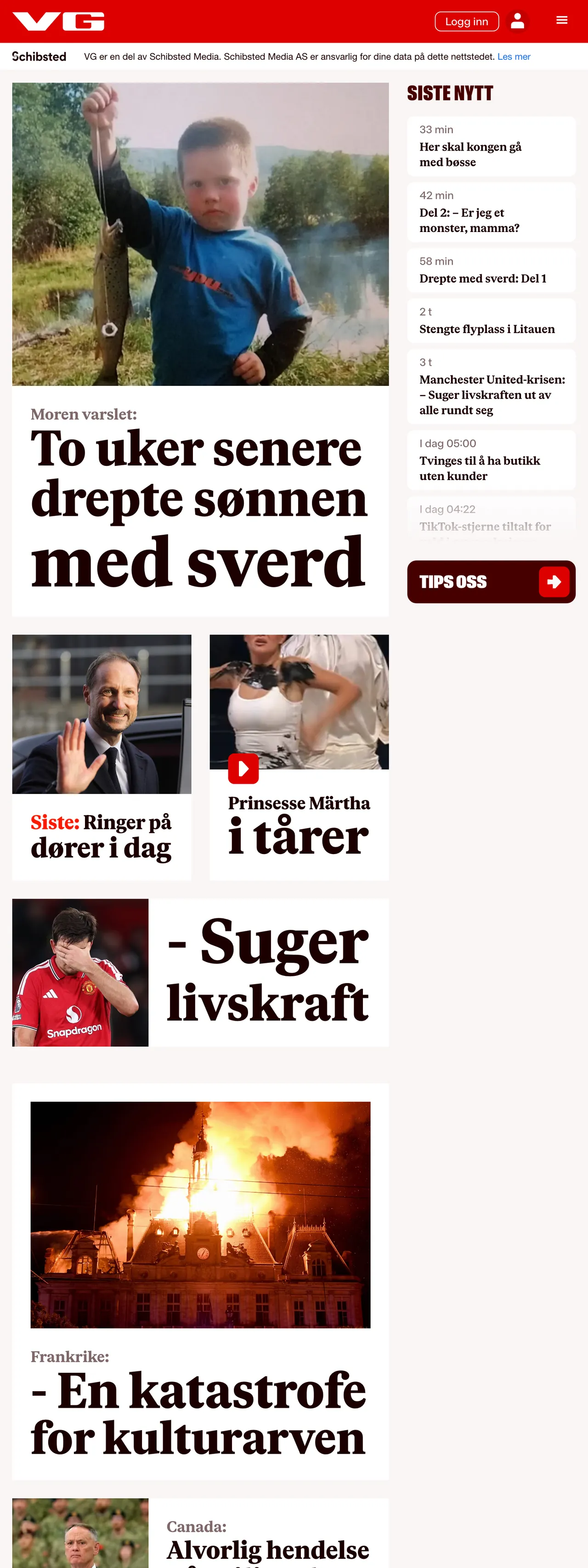 Screenshot of the VG front page