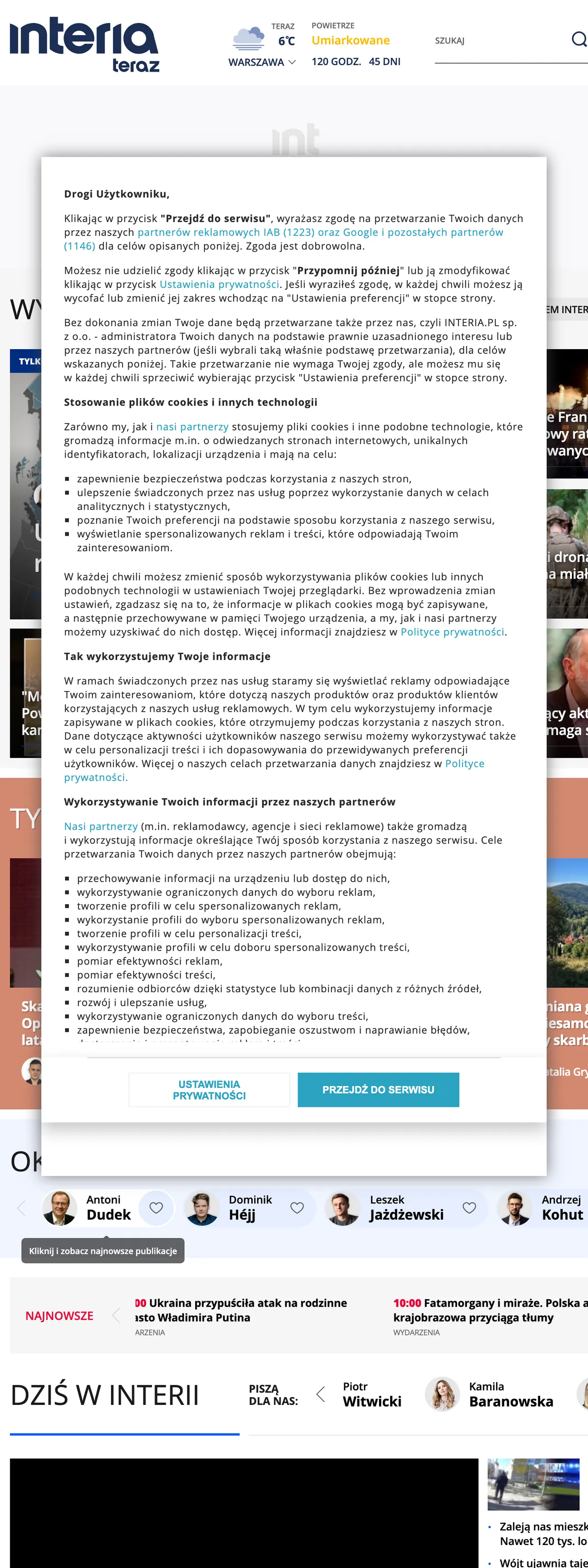 Screenshot of the Interia front page
