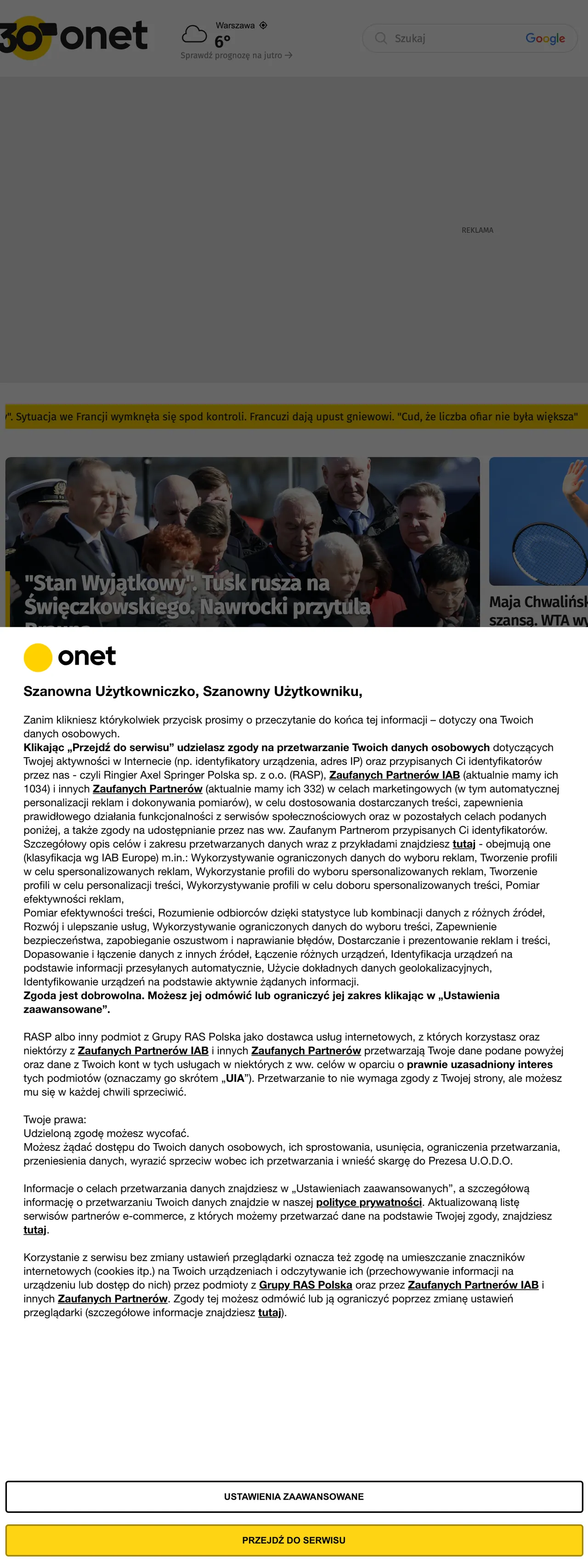Screenshot of the Onet front page