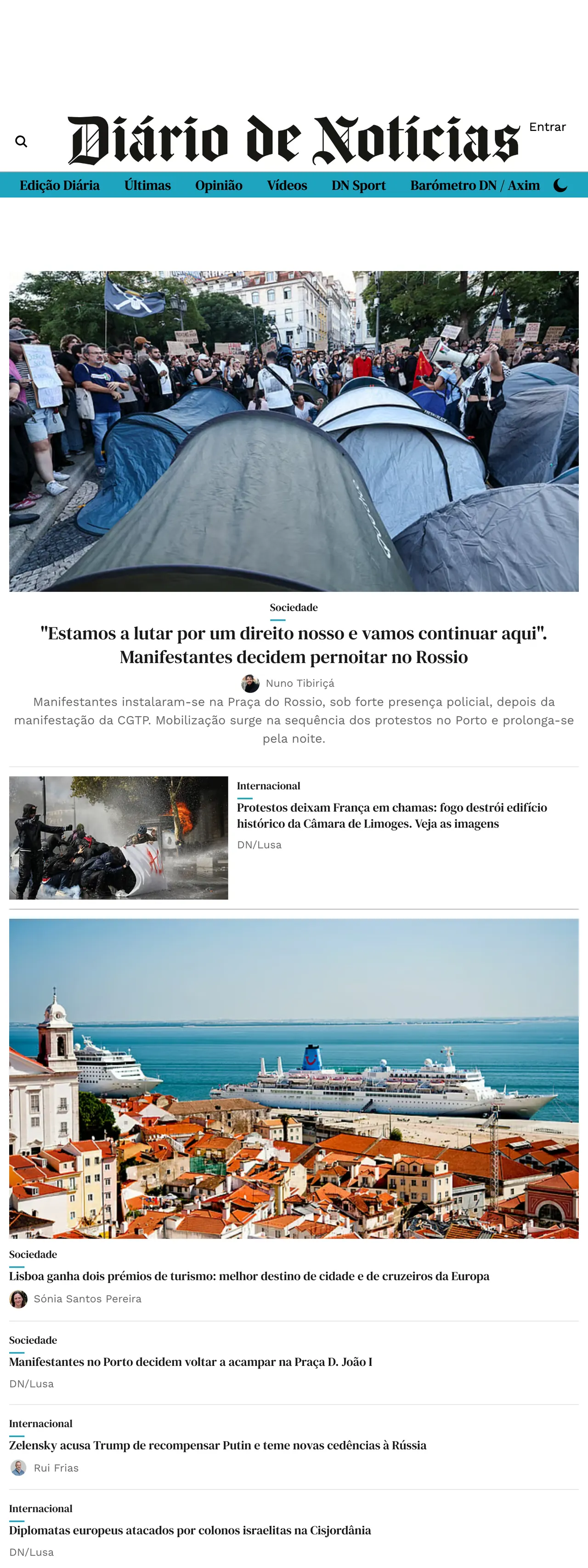 Screenshot of the Diário de Notícias front page