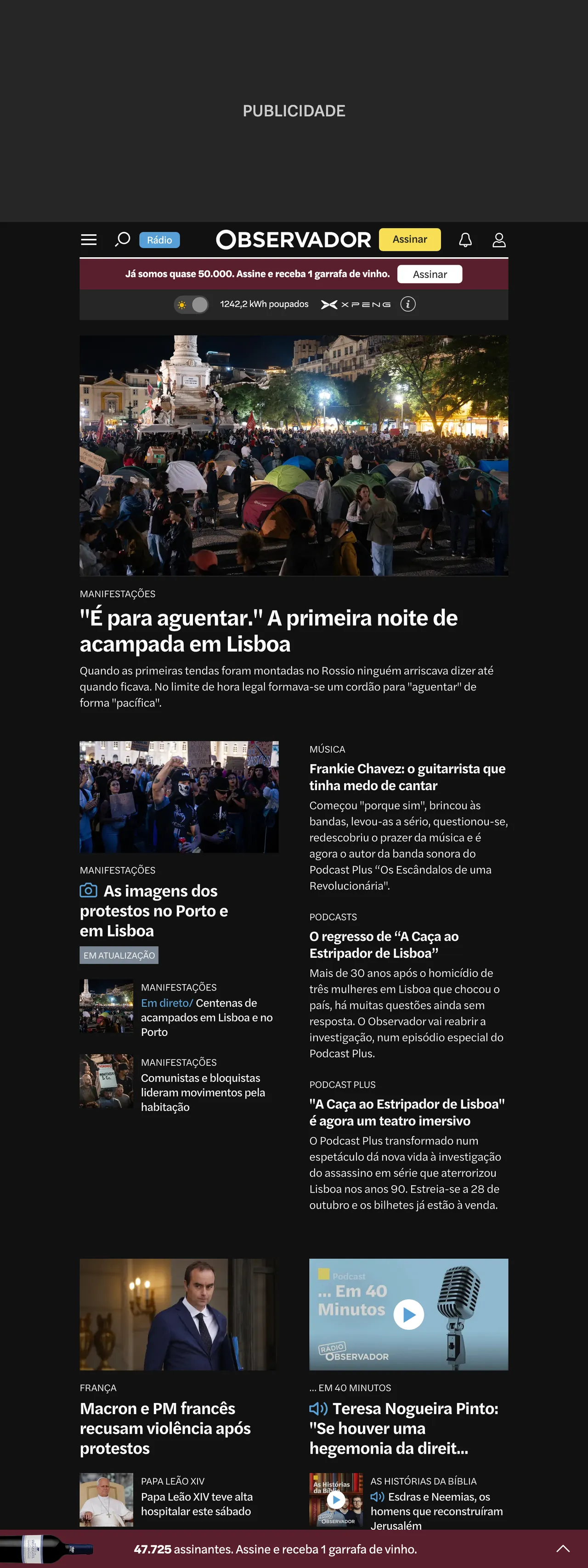 Screenshot of the Observador front page