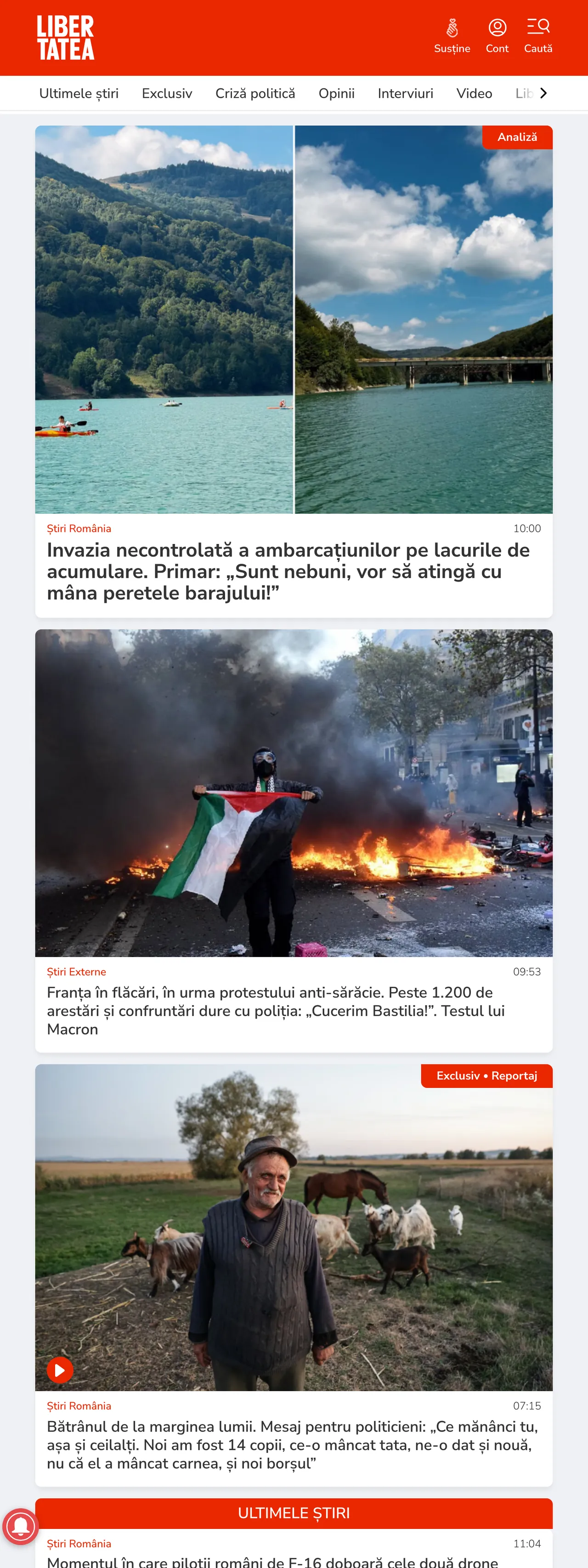 Screenshot of the Libertatea front page