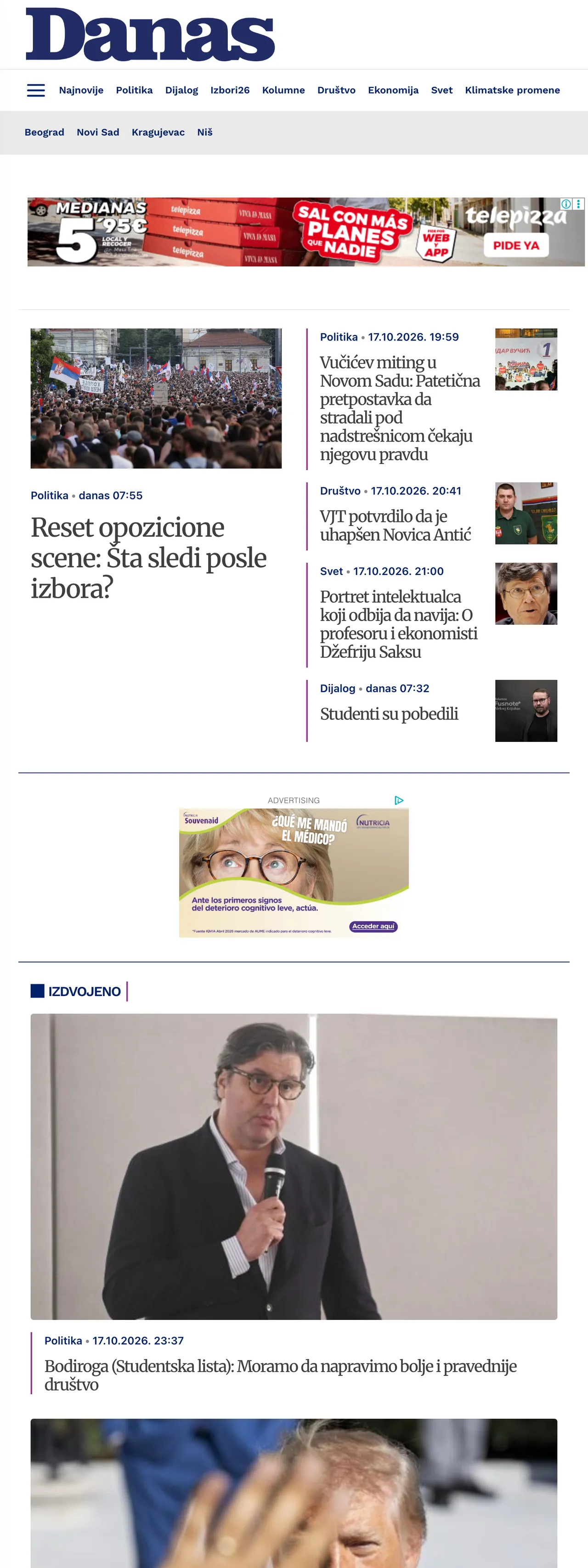 Screenshot of the Danas front page