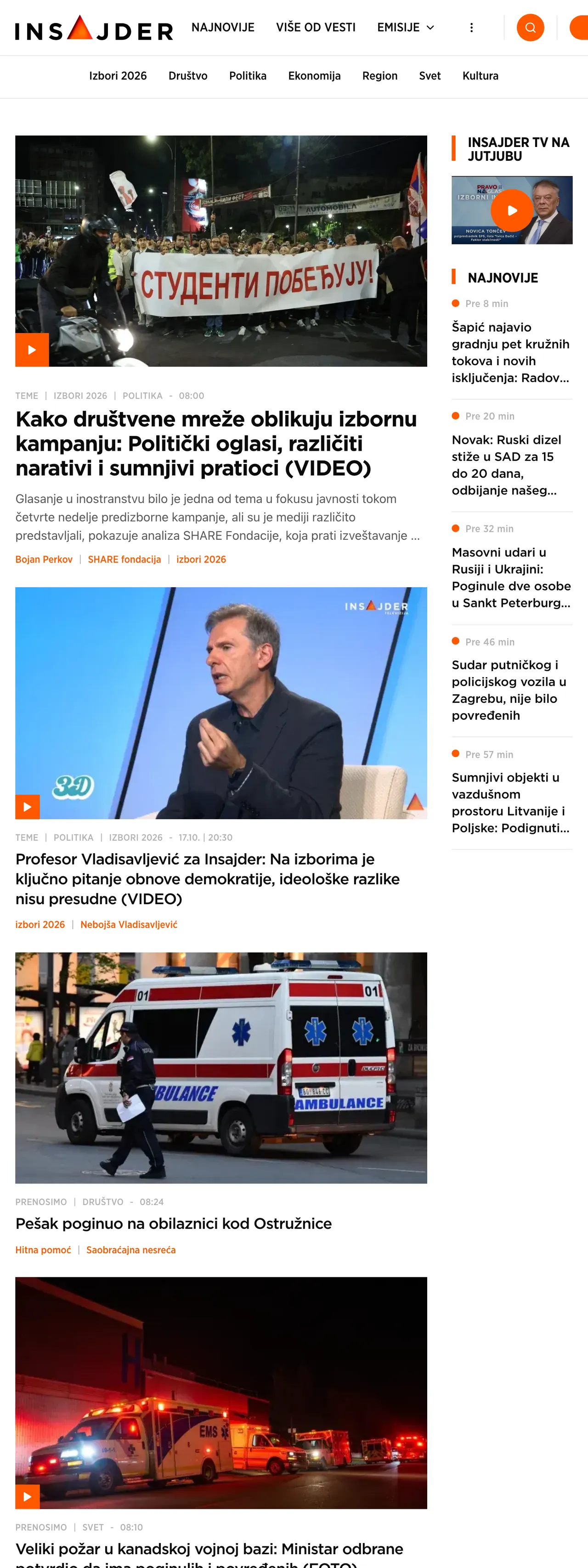 Screenshot of the Insajder front page