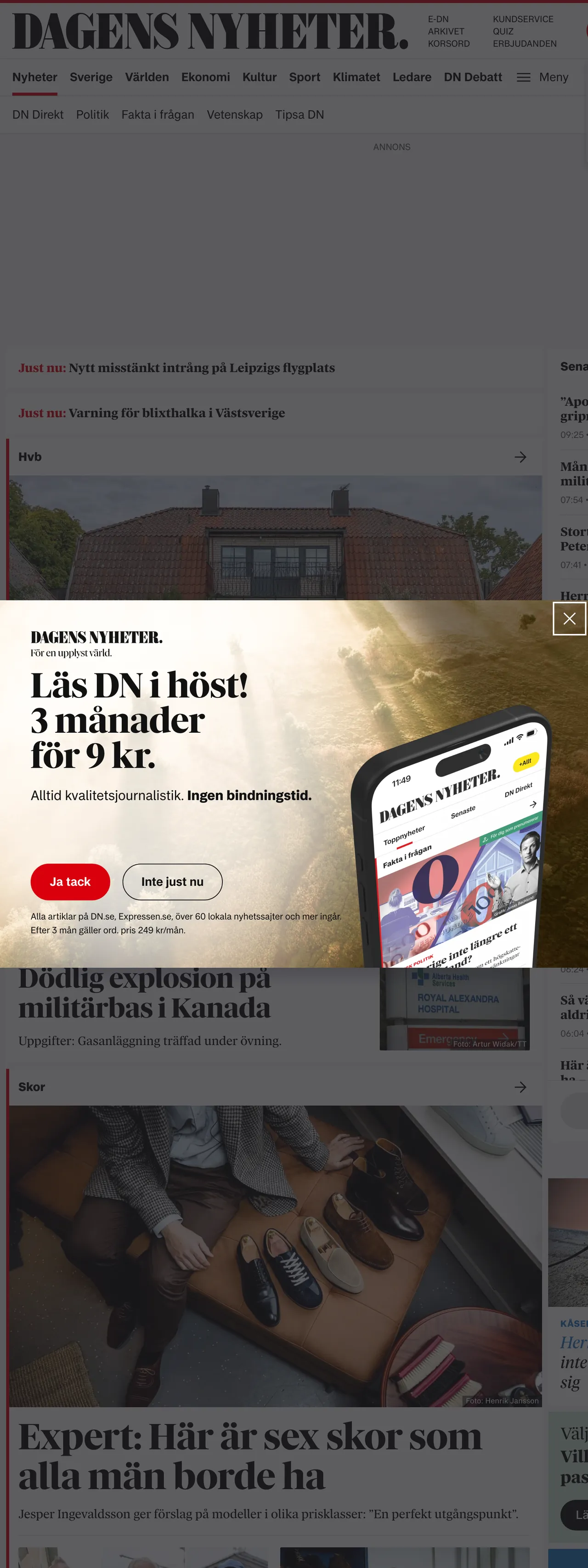 Screenshot of the Dagens Nyheter front page