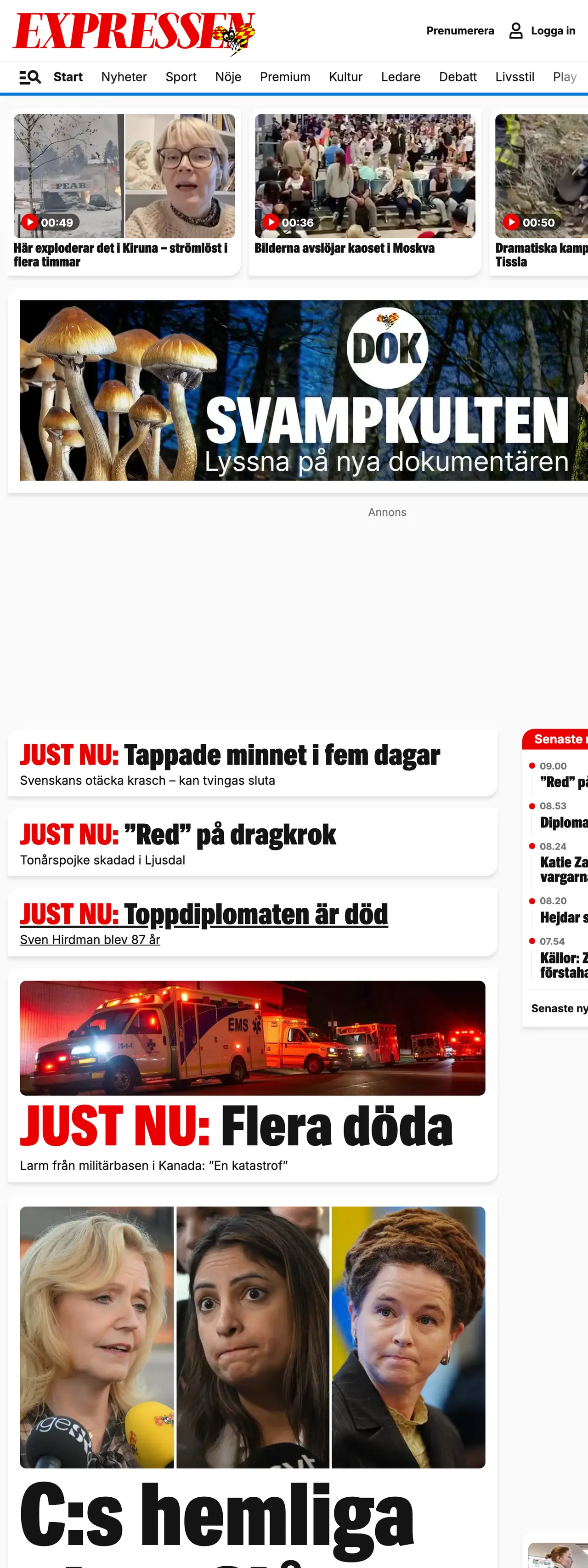 Screenshot of the Expressen front page