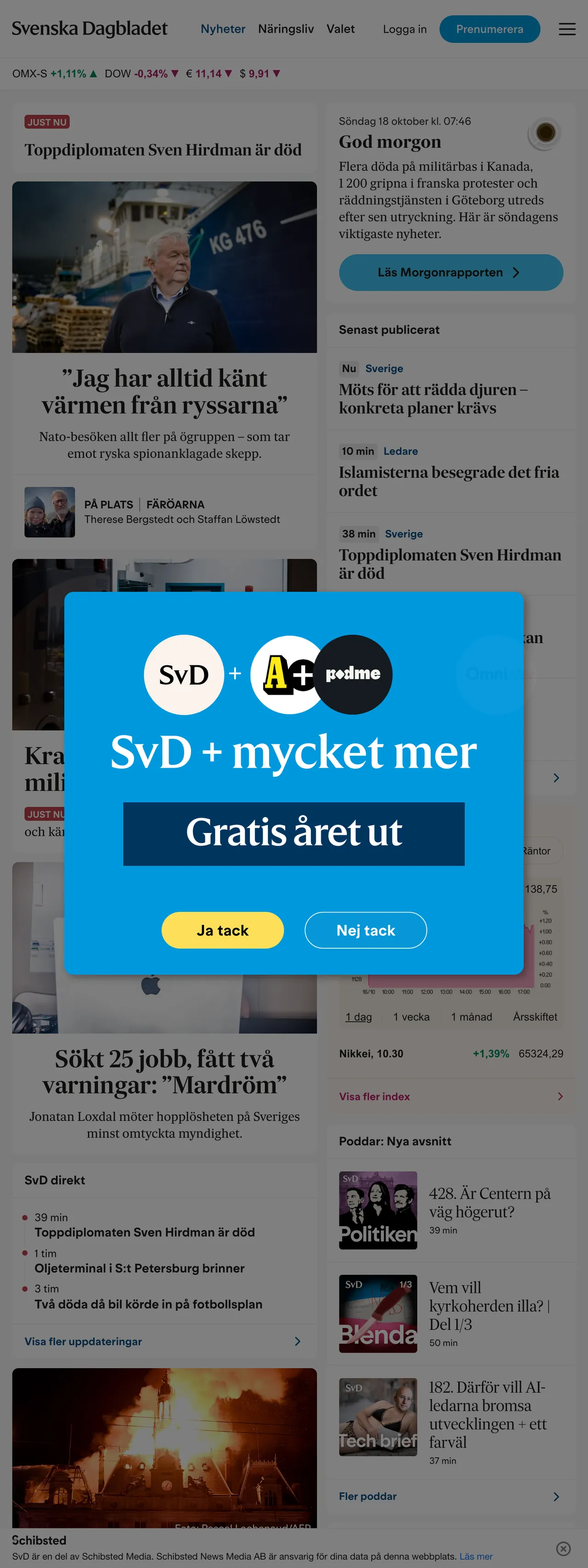 Screenshot of the Svenska Dagbladet front page