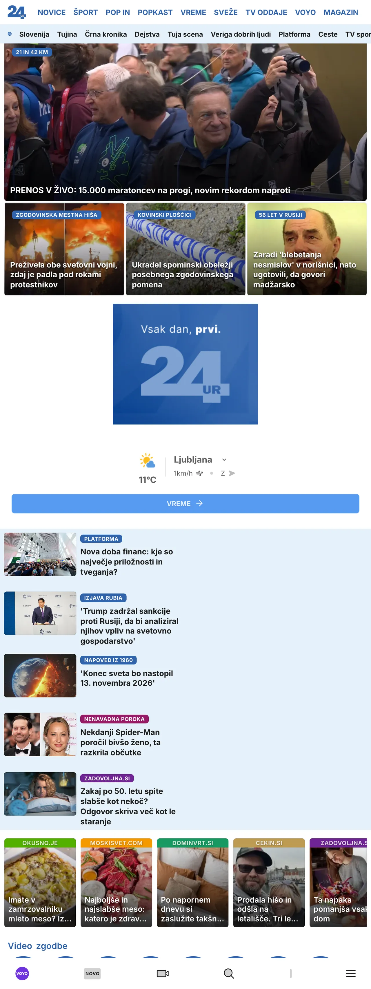 Screenshot of the 24ur front page