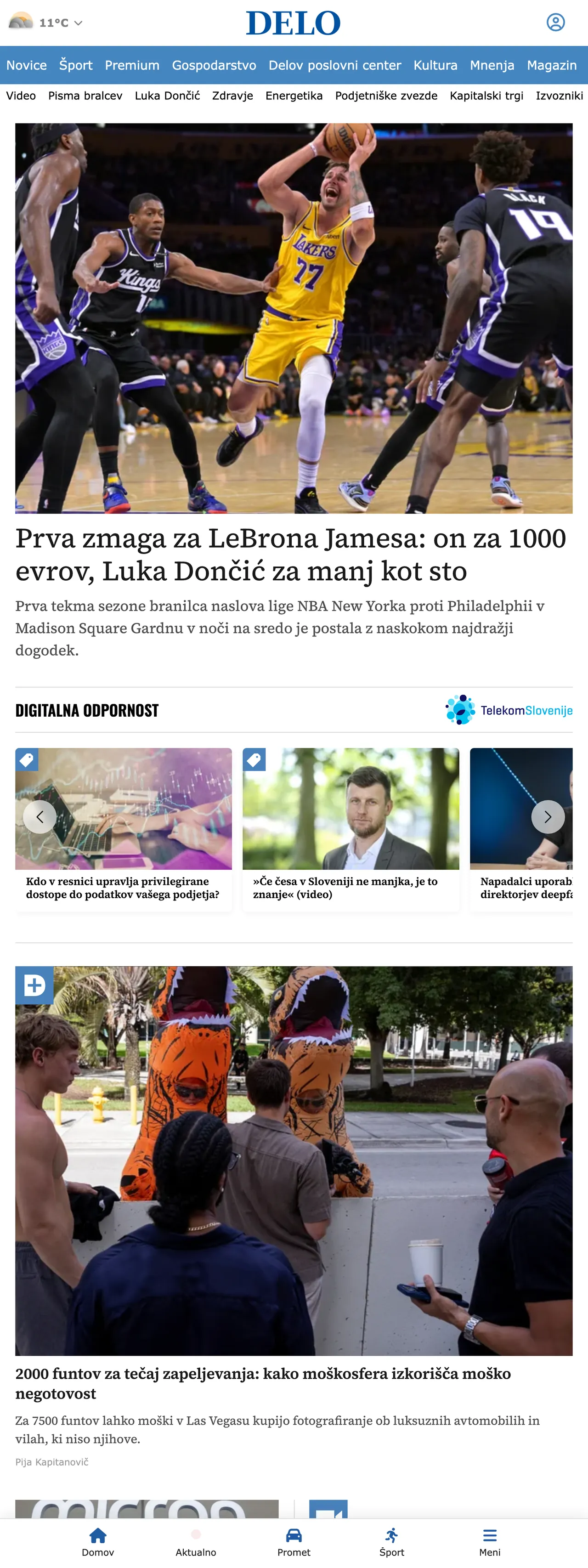Screenshot of the Delo front page