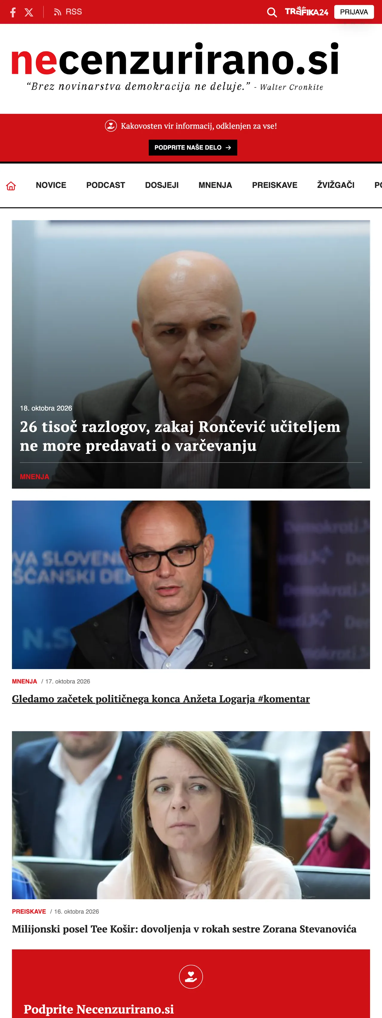 Screenshot of the Necenzurirano front page