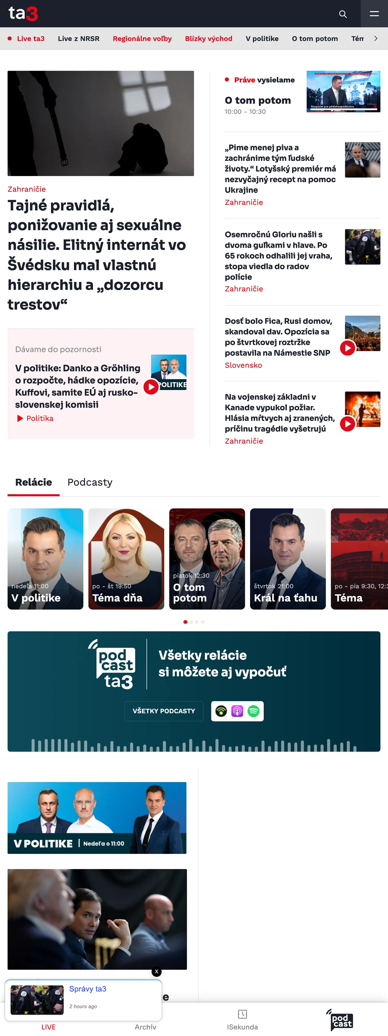 Screenshot of the TA3 front page