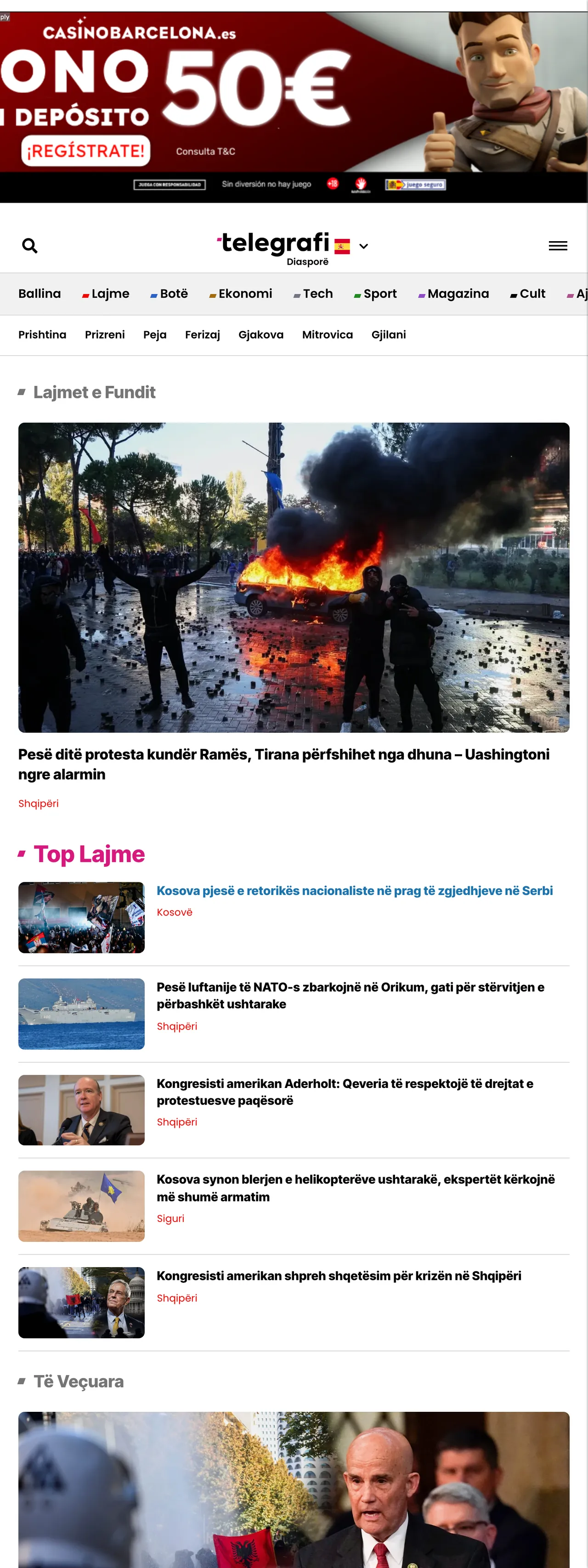 Screenshot of the Telegrafi front page