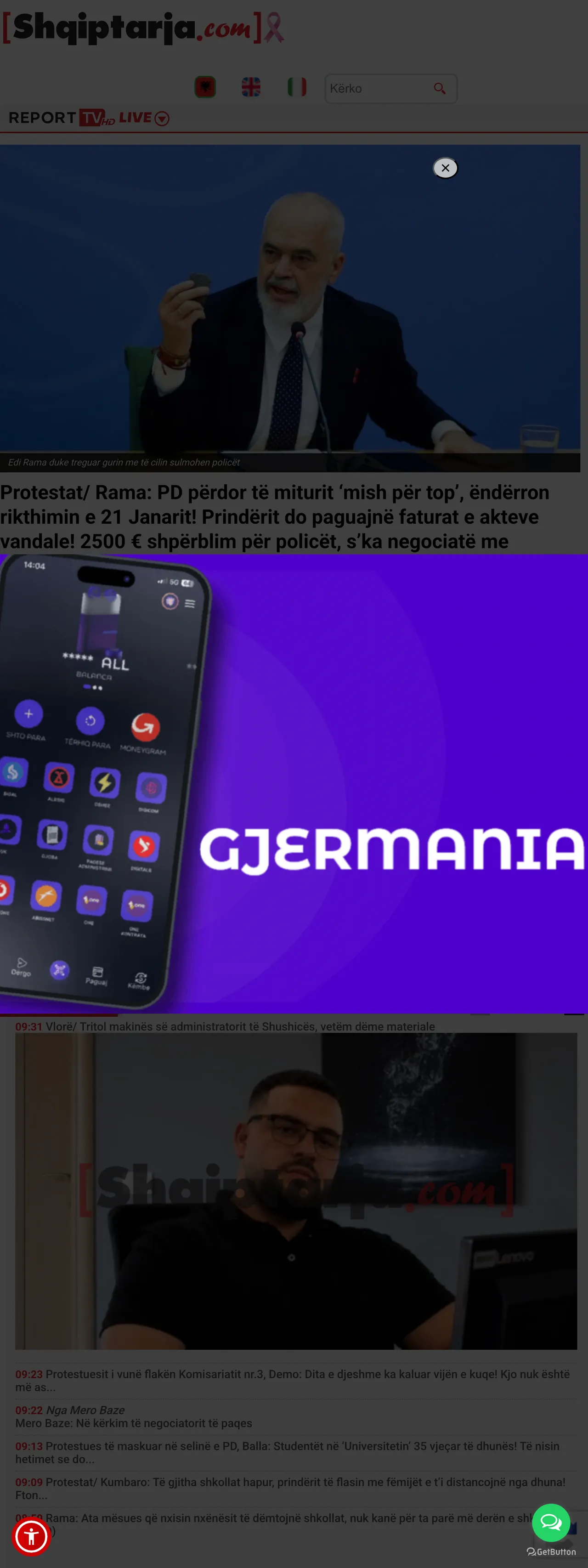 Screenshot of the Shqiptarja.com front page