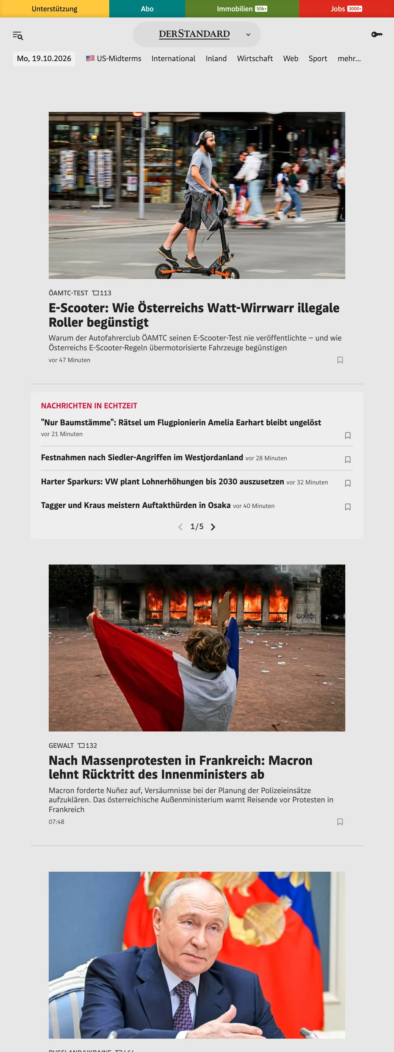 Screenshot of the DER STANDARD front page