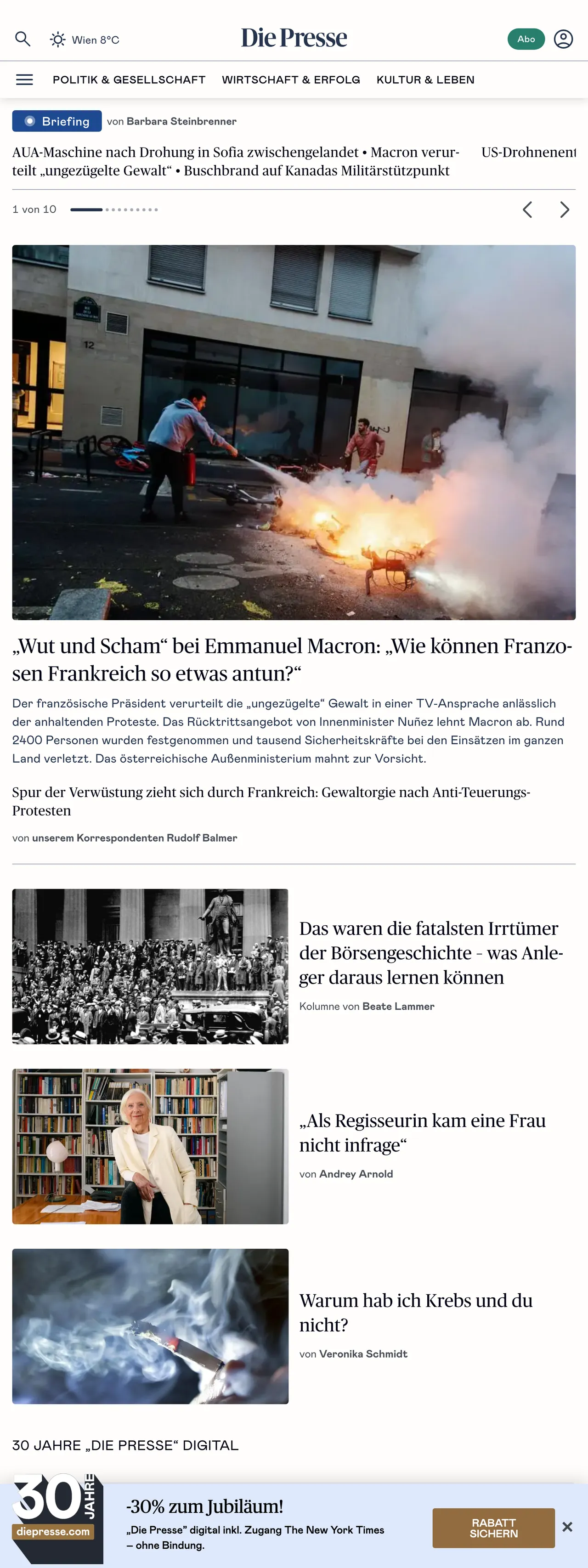 Screenshot of the Die Presse front page