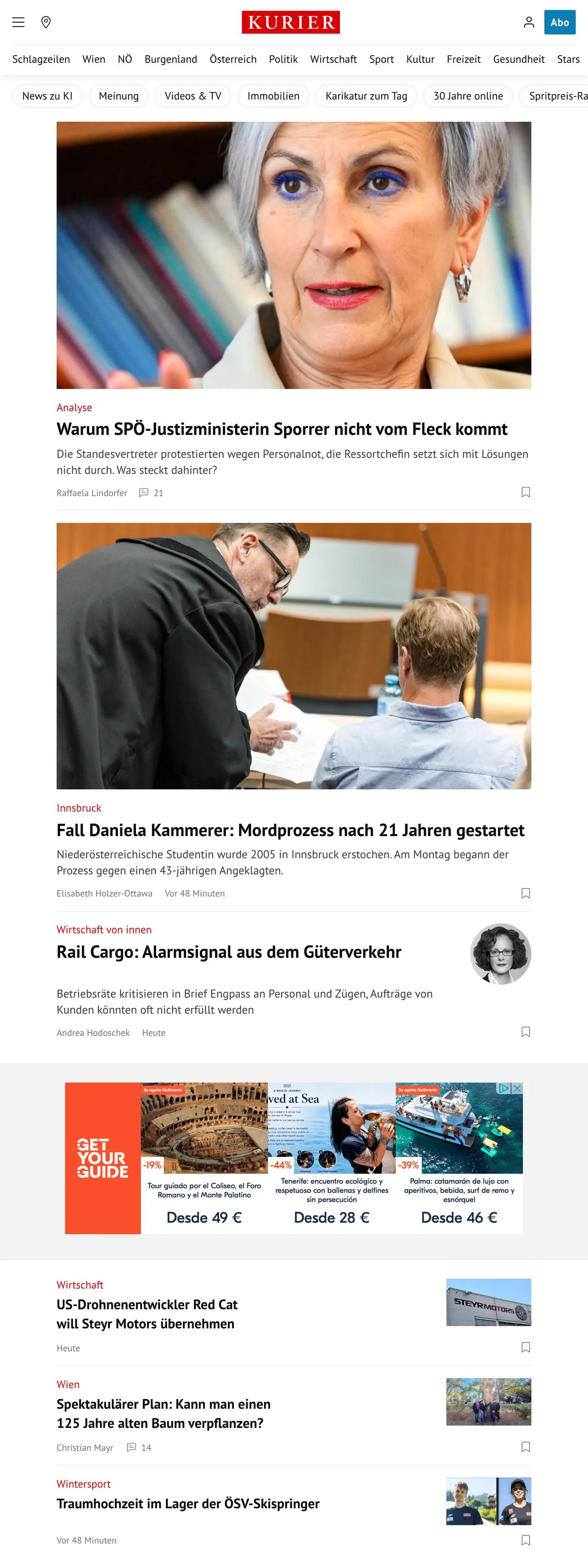 Screenshot of the Kurier front page