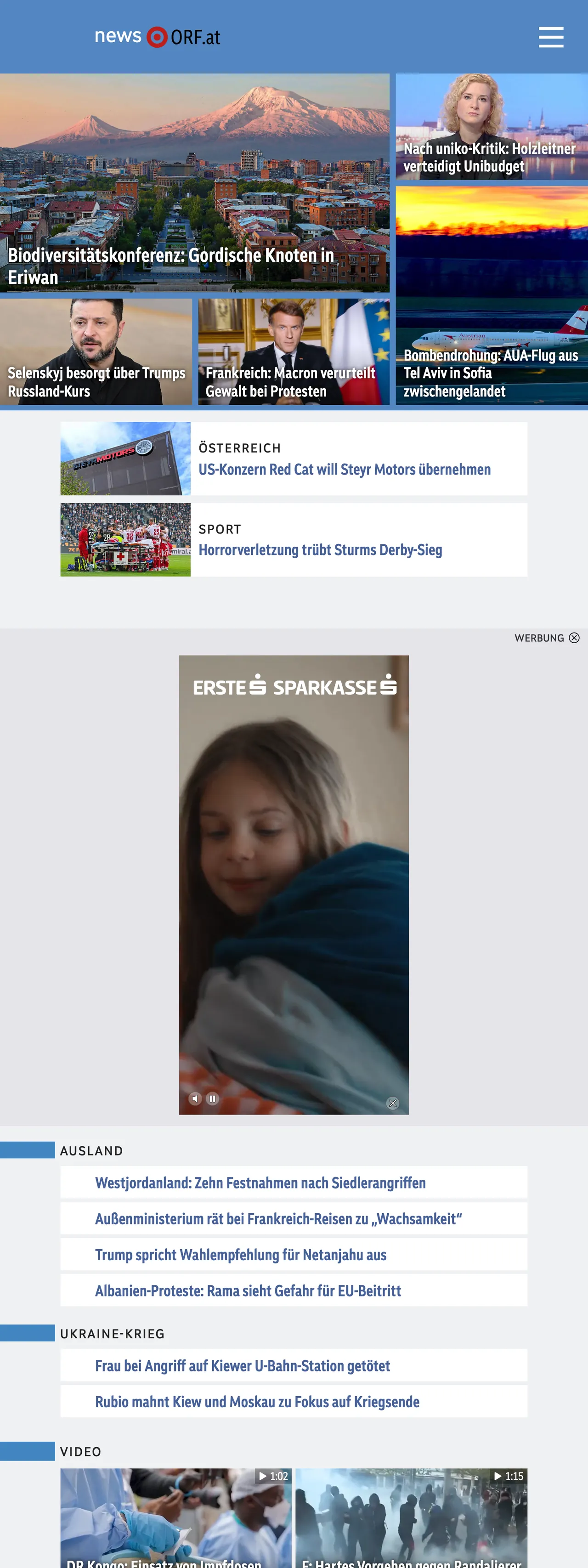 Screenshot of the ORF front page