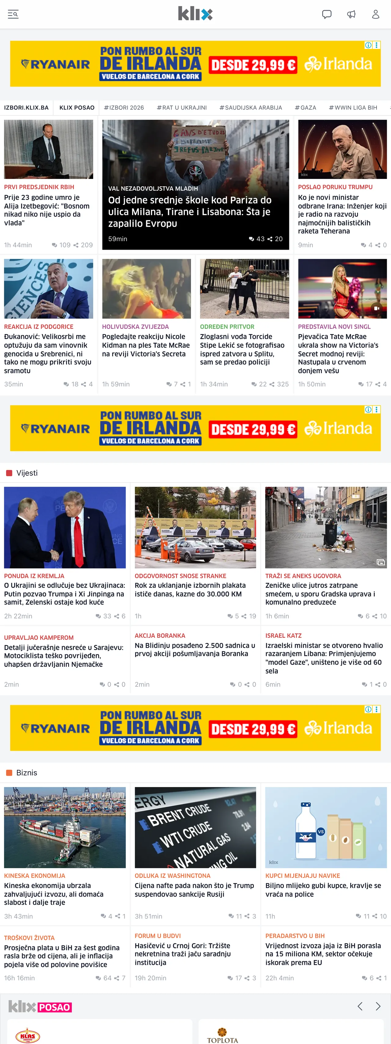 Screenshot of the Klix.ba front page