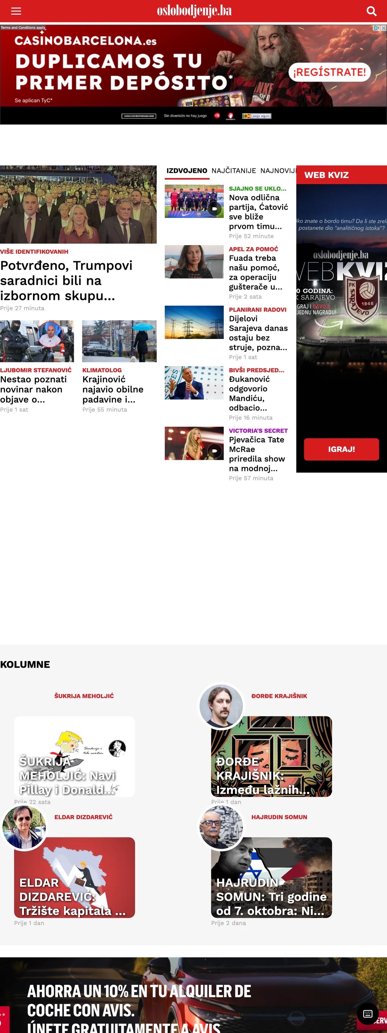 Screenshot of the Oslobođenje front page