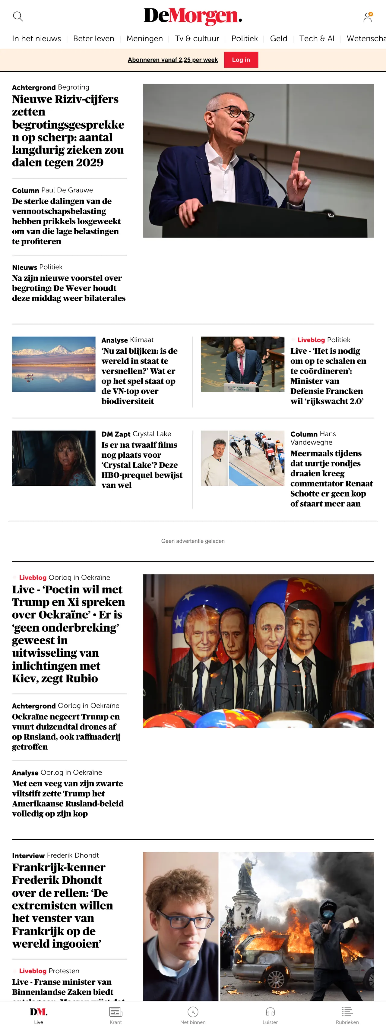 Screenshot of the De Morgen front page