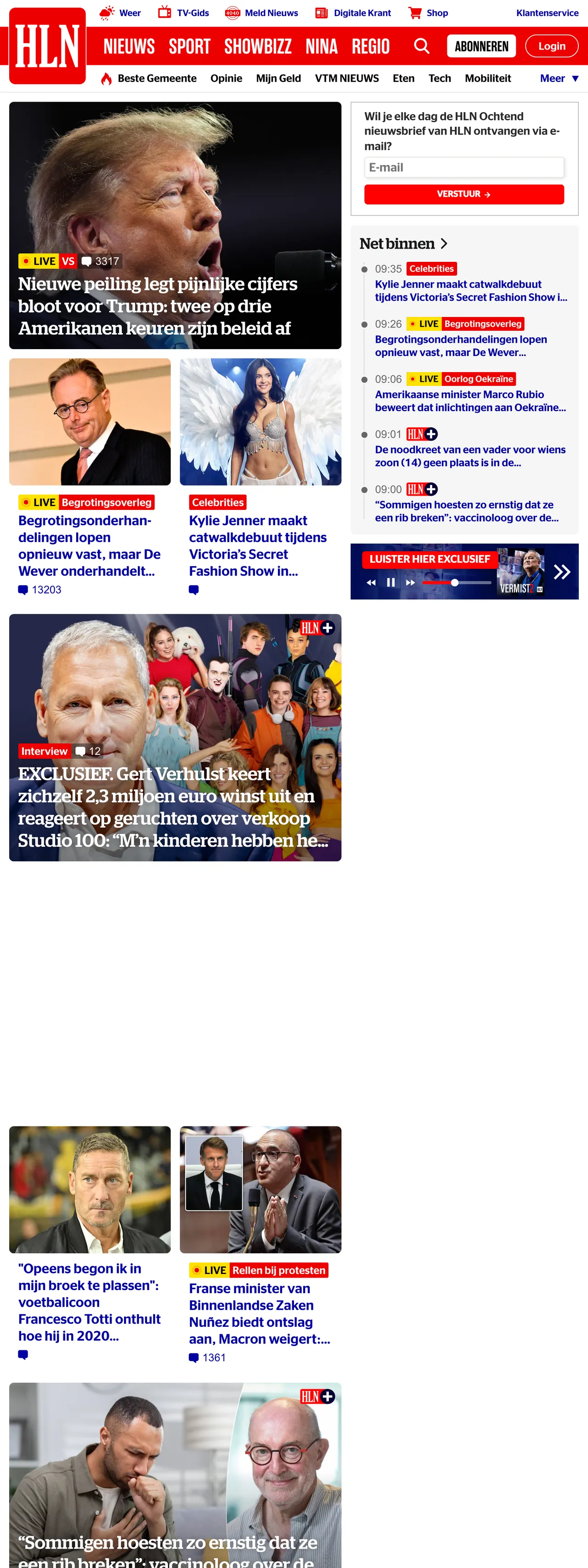 Screenshot of the HLN front page