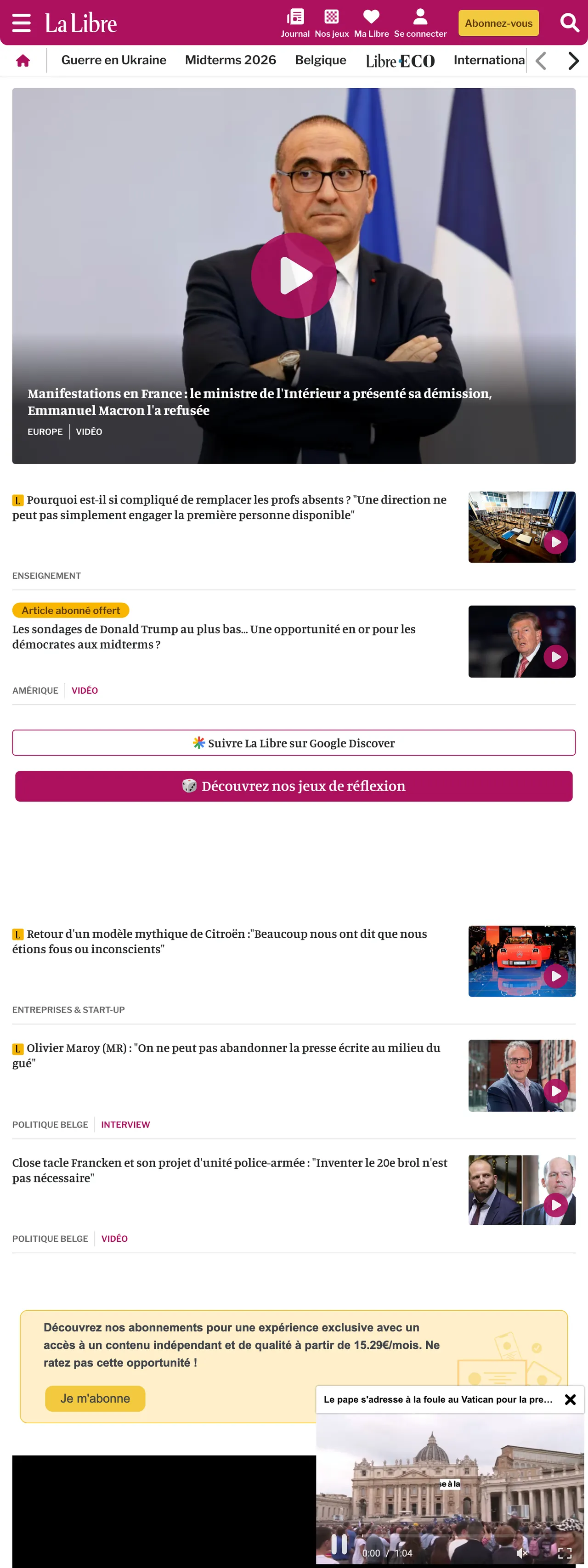 Screenshot of the La Libre front page