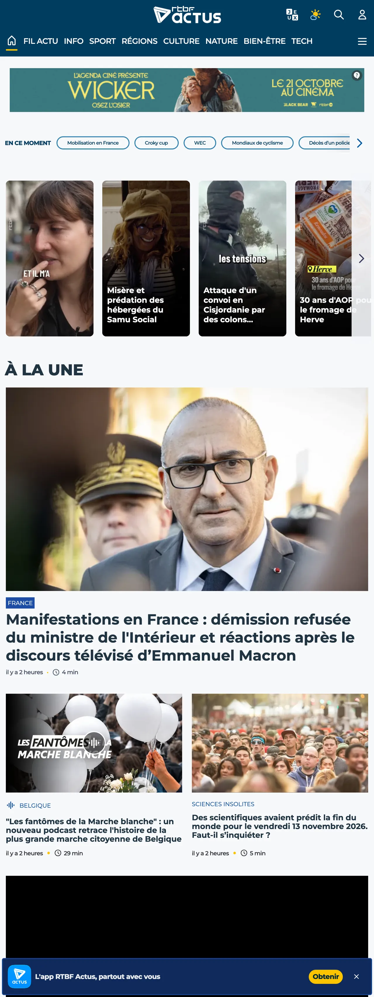 Screenshot of the RTBF front page