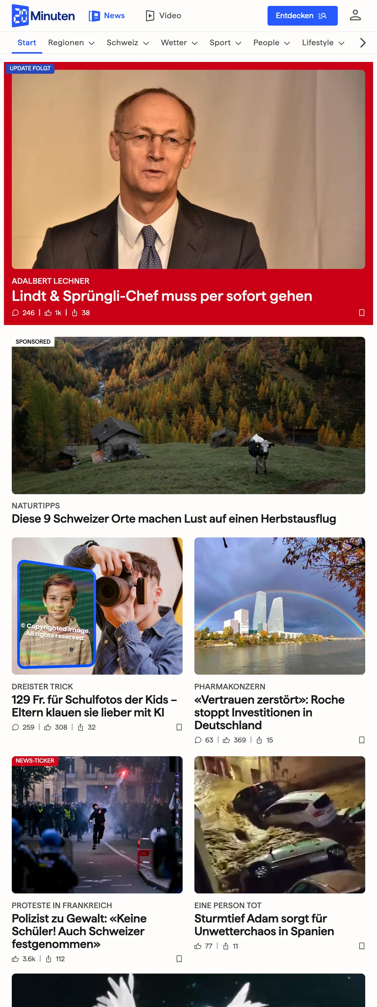Screenshot of the 20 Minuten front page