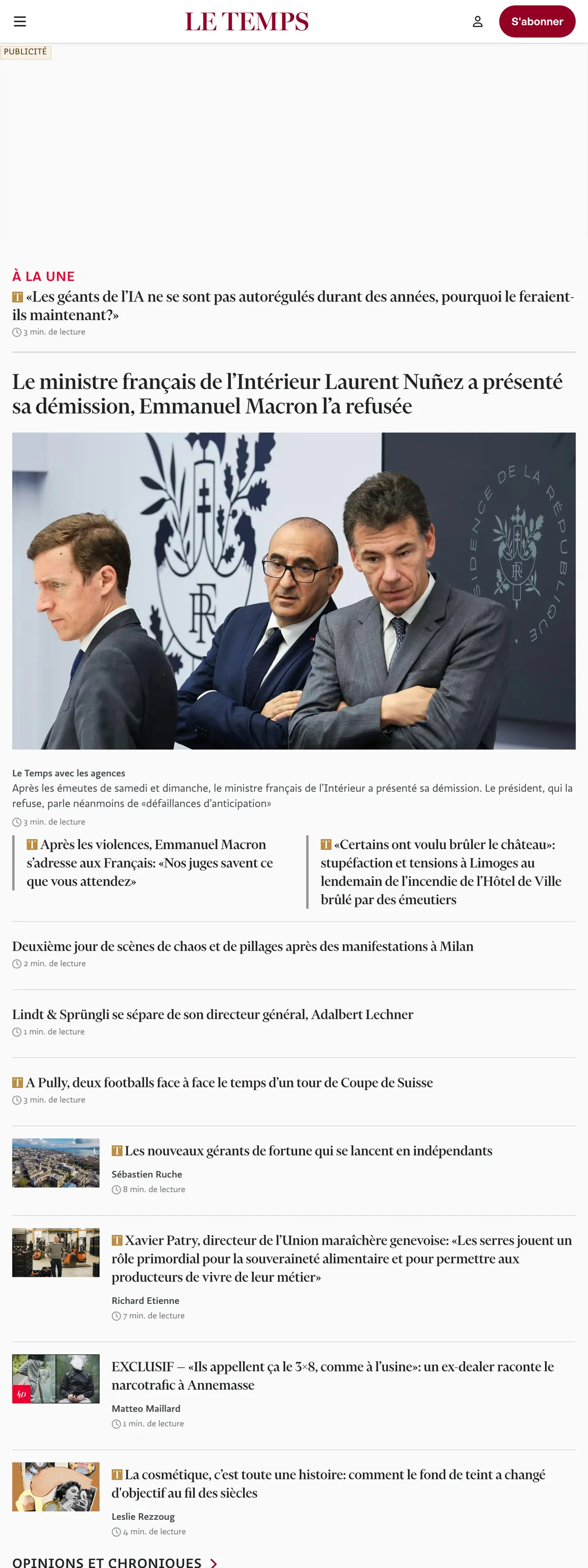 Screenshot of the Le Temps front page