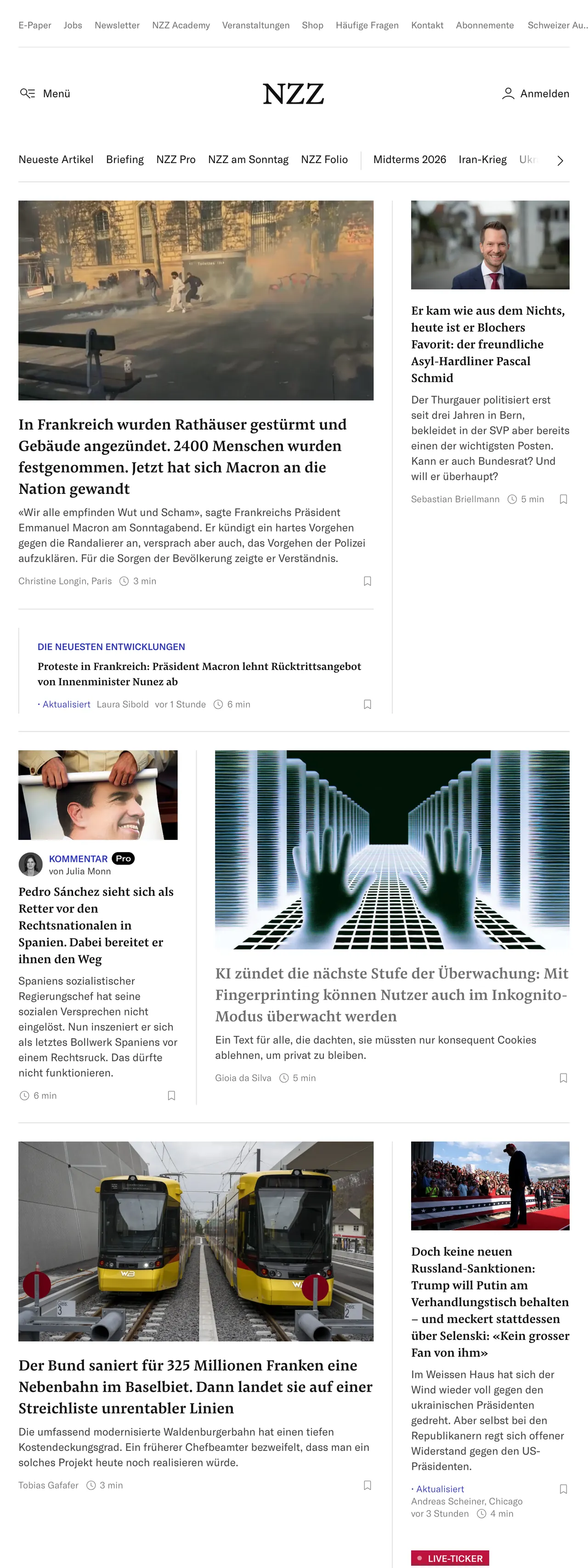Screenshot of the Neue Zürcher Zeitung front page