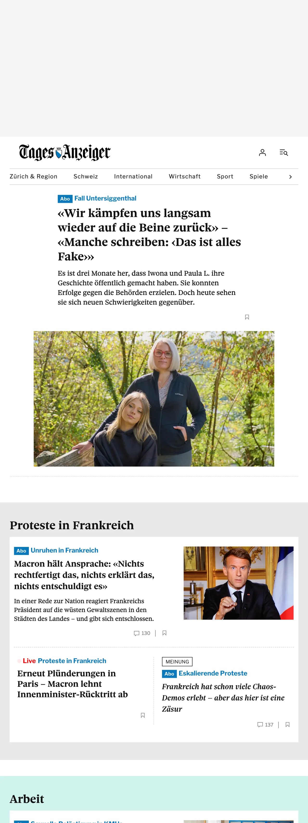 Screenshot of the Tages-Anzeiger front page