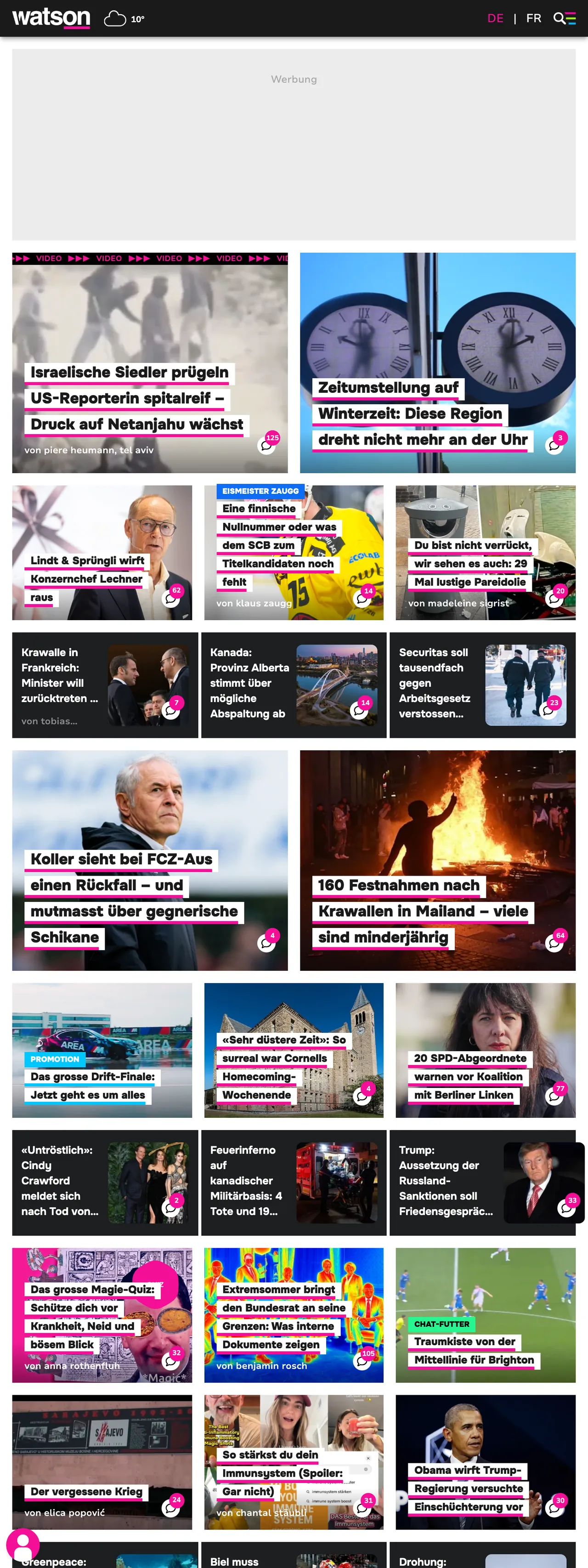 Screenshot of the watson front page
