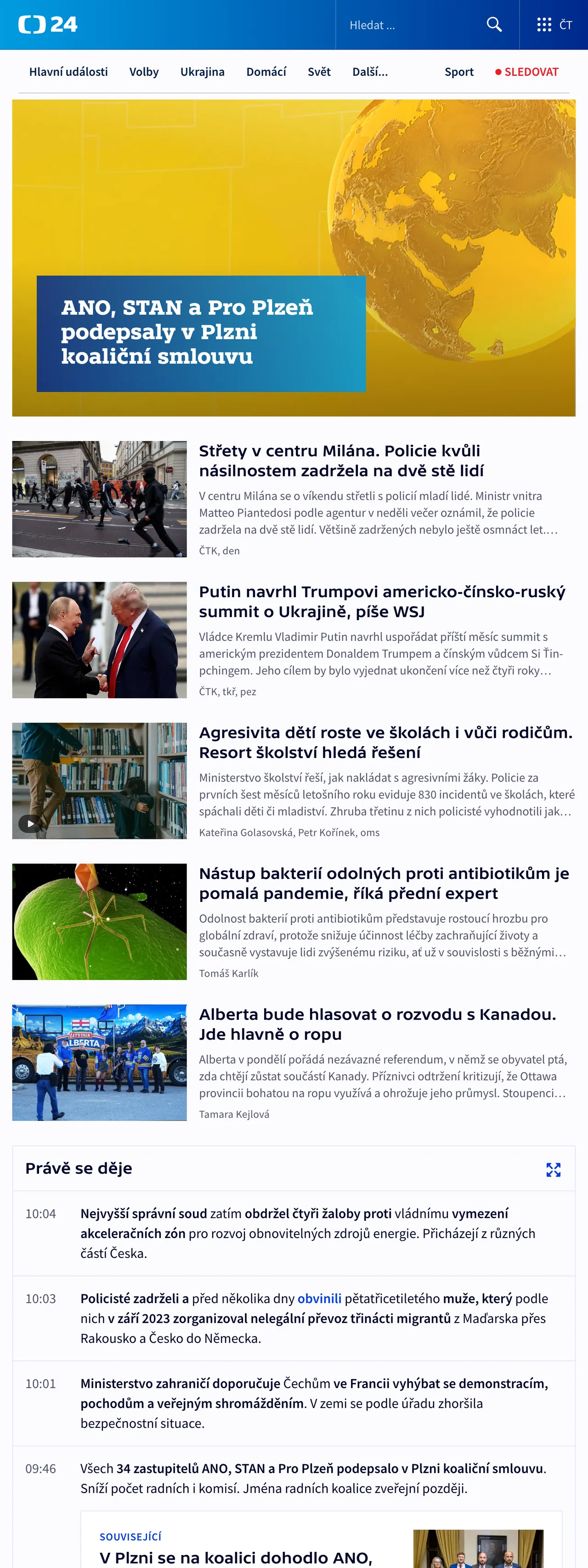 Screenshot of the ČT24 front page