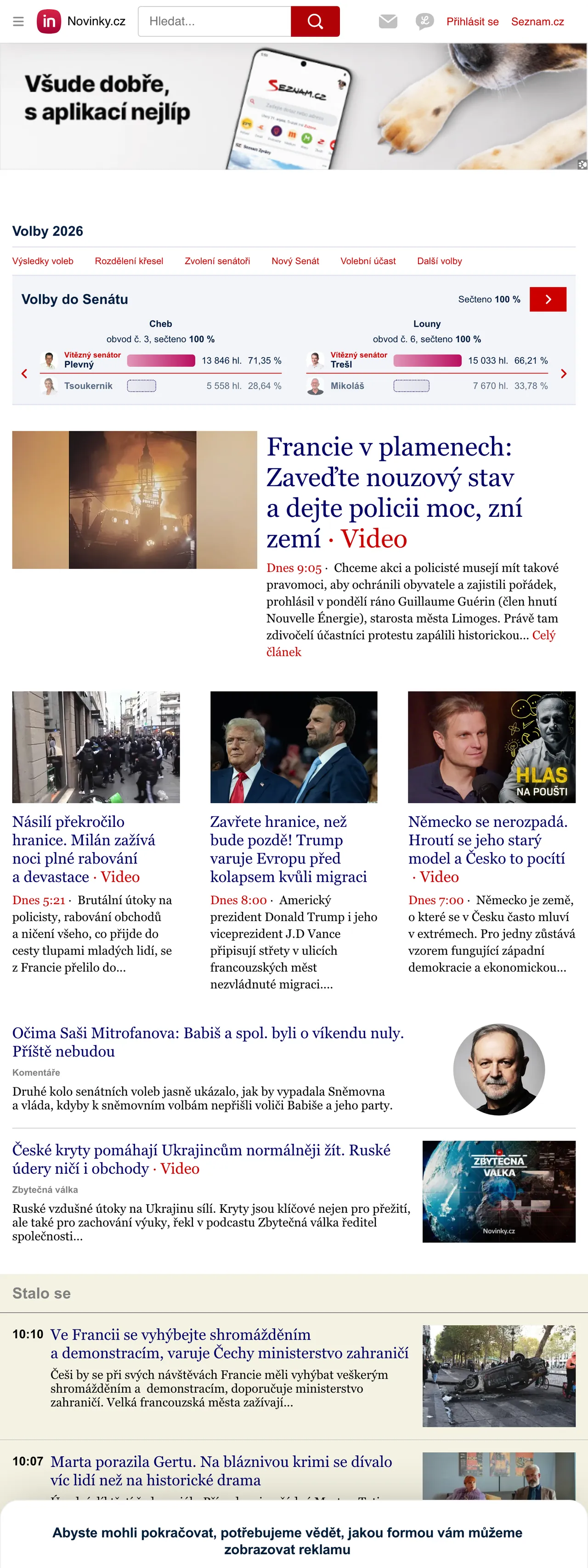 Screenshot of the Novinky.cz front page