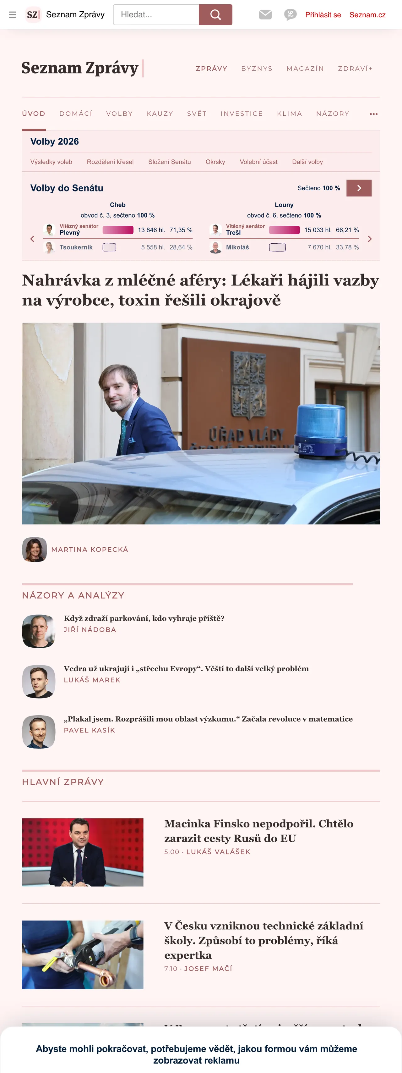 Screenshot of the Seznam Zprávy front page