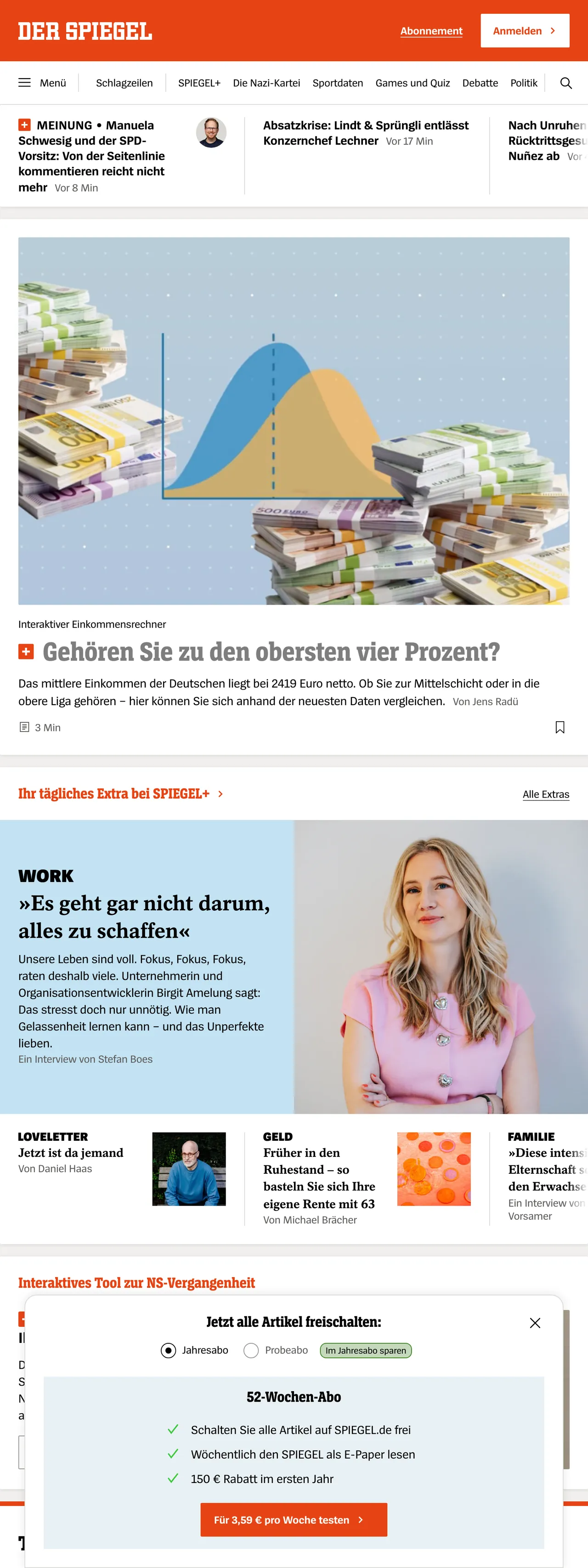 Screenshot of the DER SPIEGEL front page