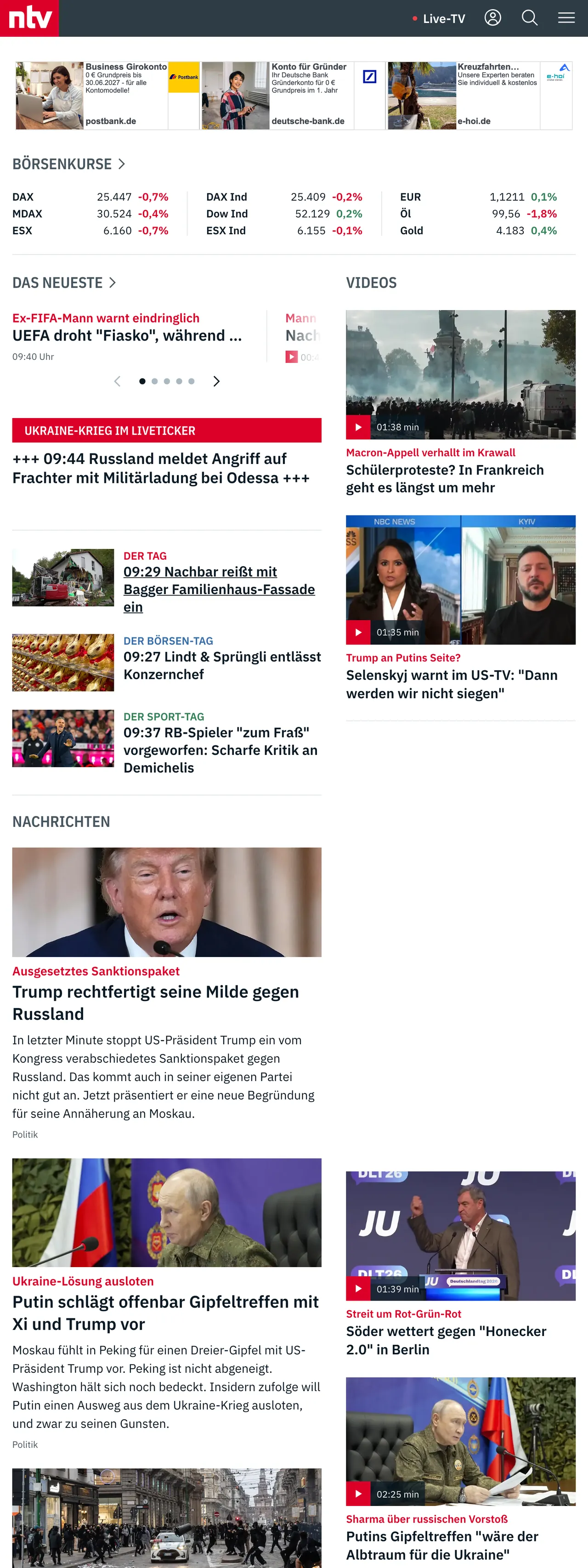 Screenshot of the n-tv front page
