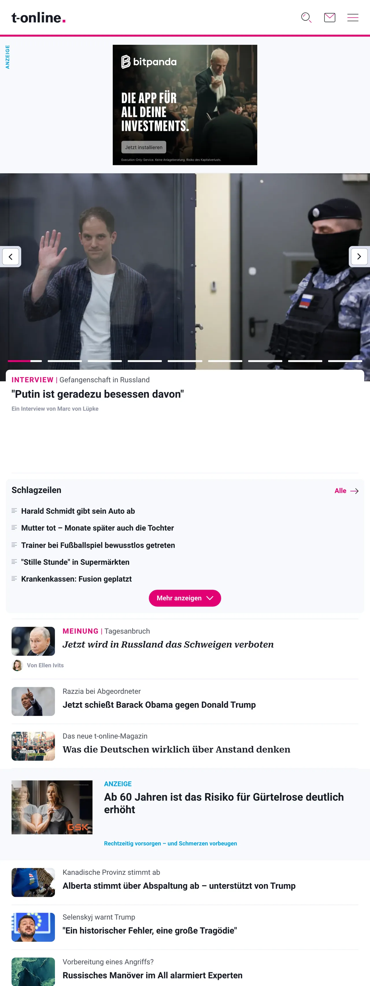Screenshot of the t-online front page