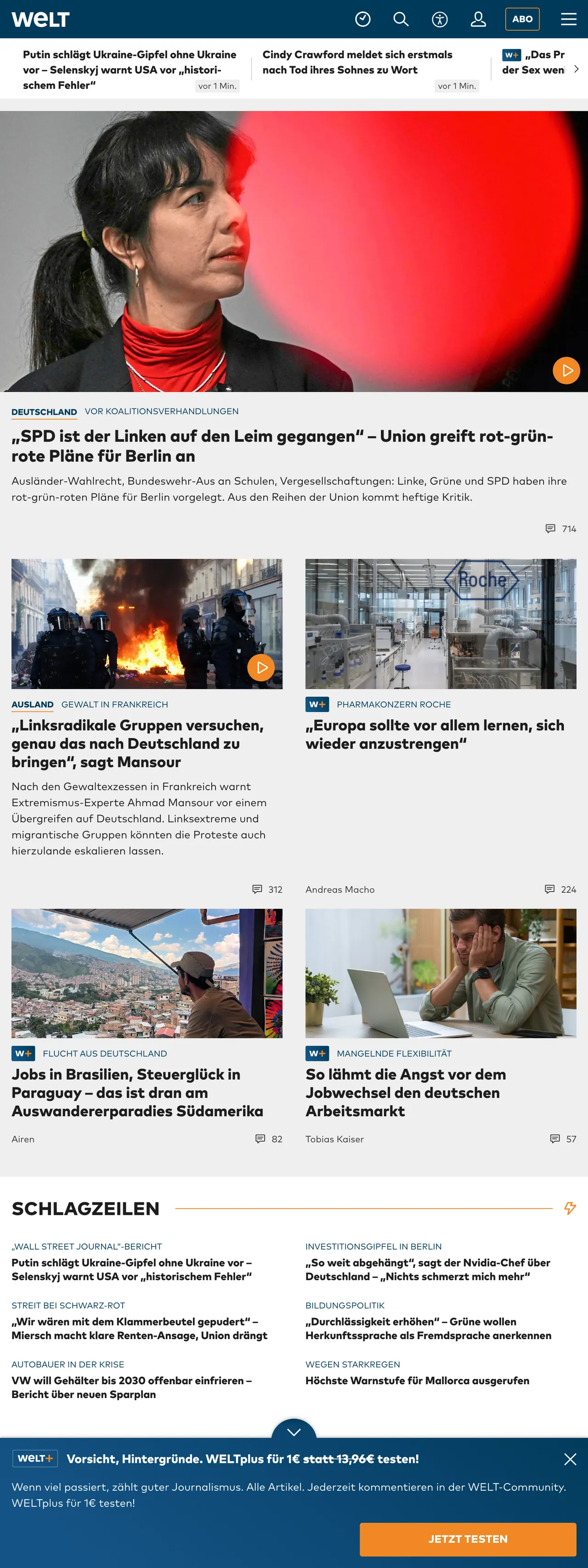 Screenshot of the WELT front page